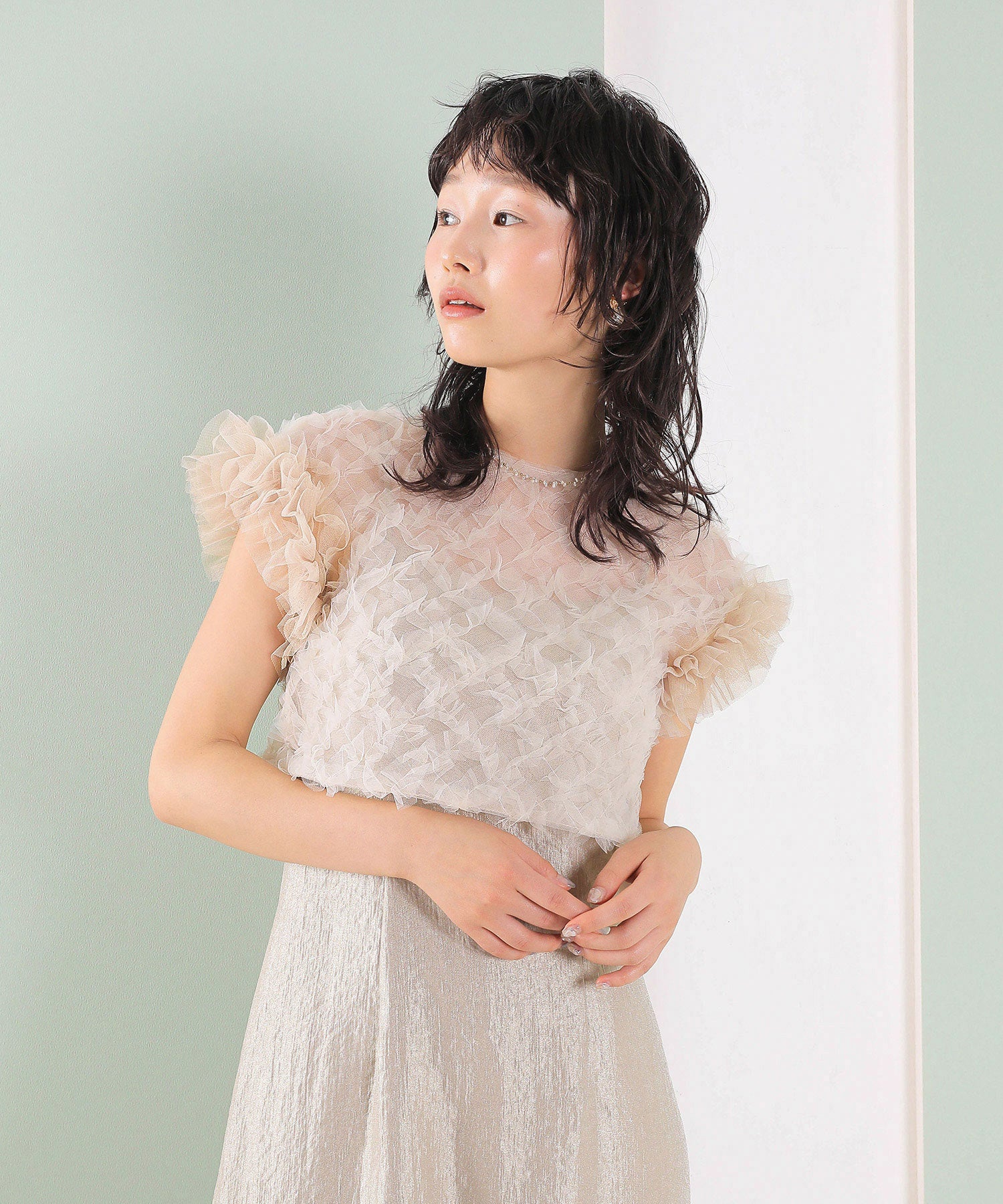 【kaene 別注カラー】ボリュームチュールブラウス 光沢サテンAラインワンピース 2点セットドレス パーティー結婚式 お呼ばれ オケージョンドレス