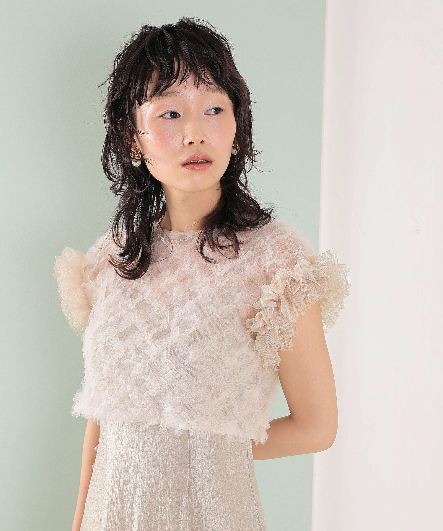 【kaene 別注カラー】ボリュームチュールブラウス 光沢サテンAラインワンピース 2点セットドレス パーティー結婚式 お呼ばれ オケージョンドレス