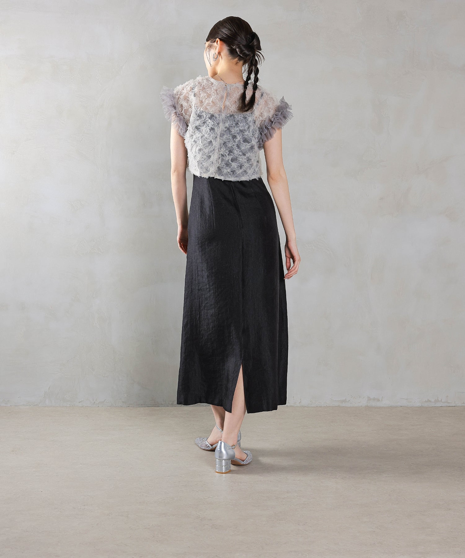 【kaene 別注カラー】ボリュームチュールブラウス 光沢サテンAラインワンピース 2点セットドレス パーティー結婚式 お呼ばれ オケージョンドレス