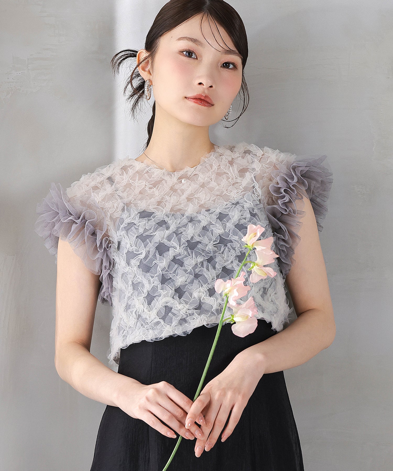 【kaene 別注カラー】ボリュームチュールブラウス 光沢サテンAラインワンピース 2点セットドレス パーティー結婚式 お呼ばれ オケージョンドレス
