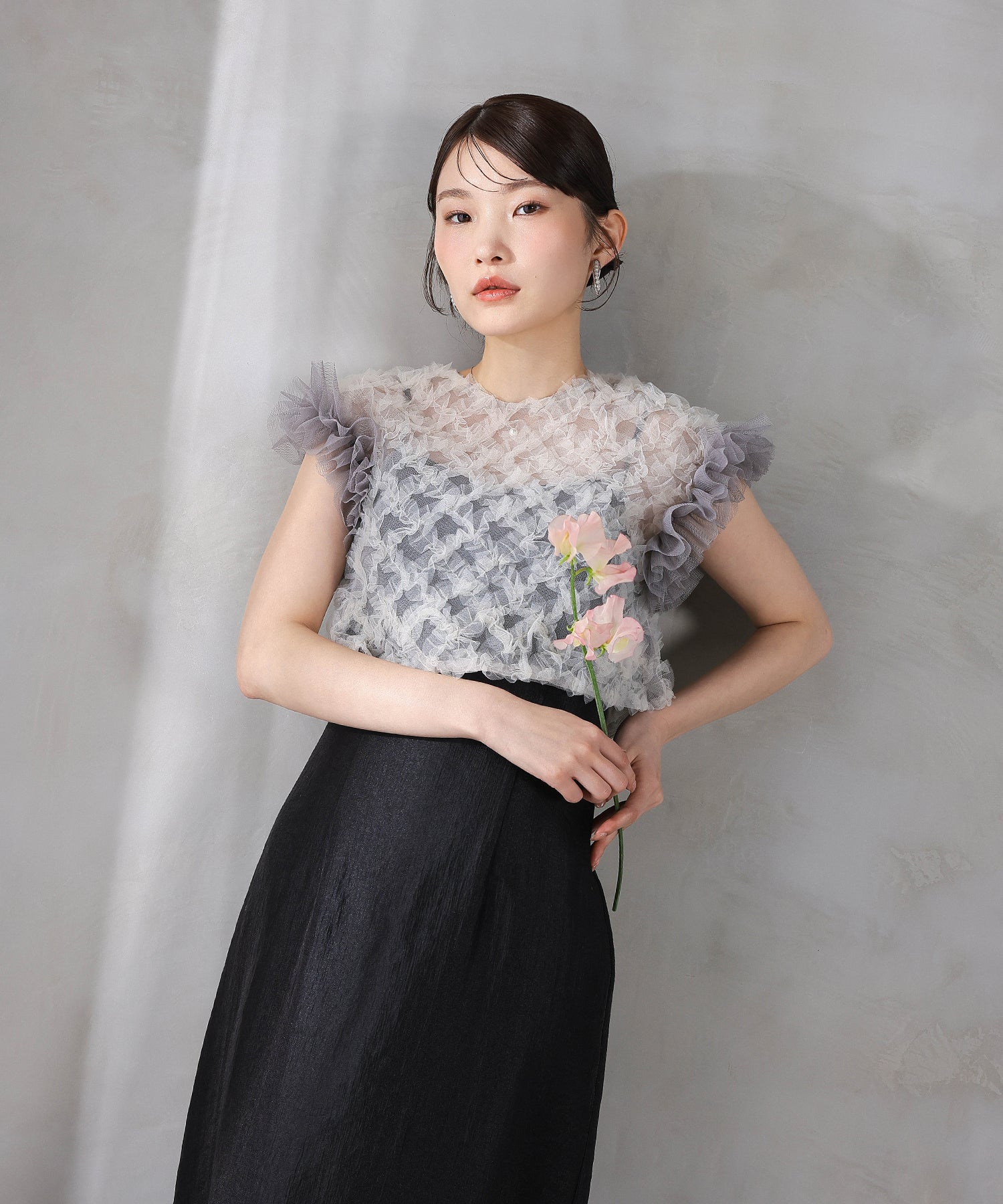 【kaene 別注カラー】ボリュームチュールブラウス 光沢サテンAラインワンピース 2点セットドレス パーティー結婚式 お呼ばれ オケージョンドレス