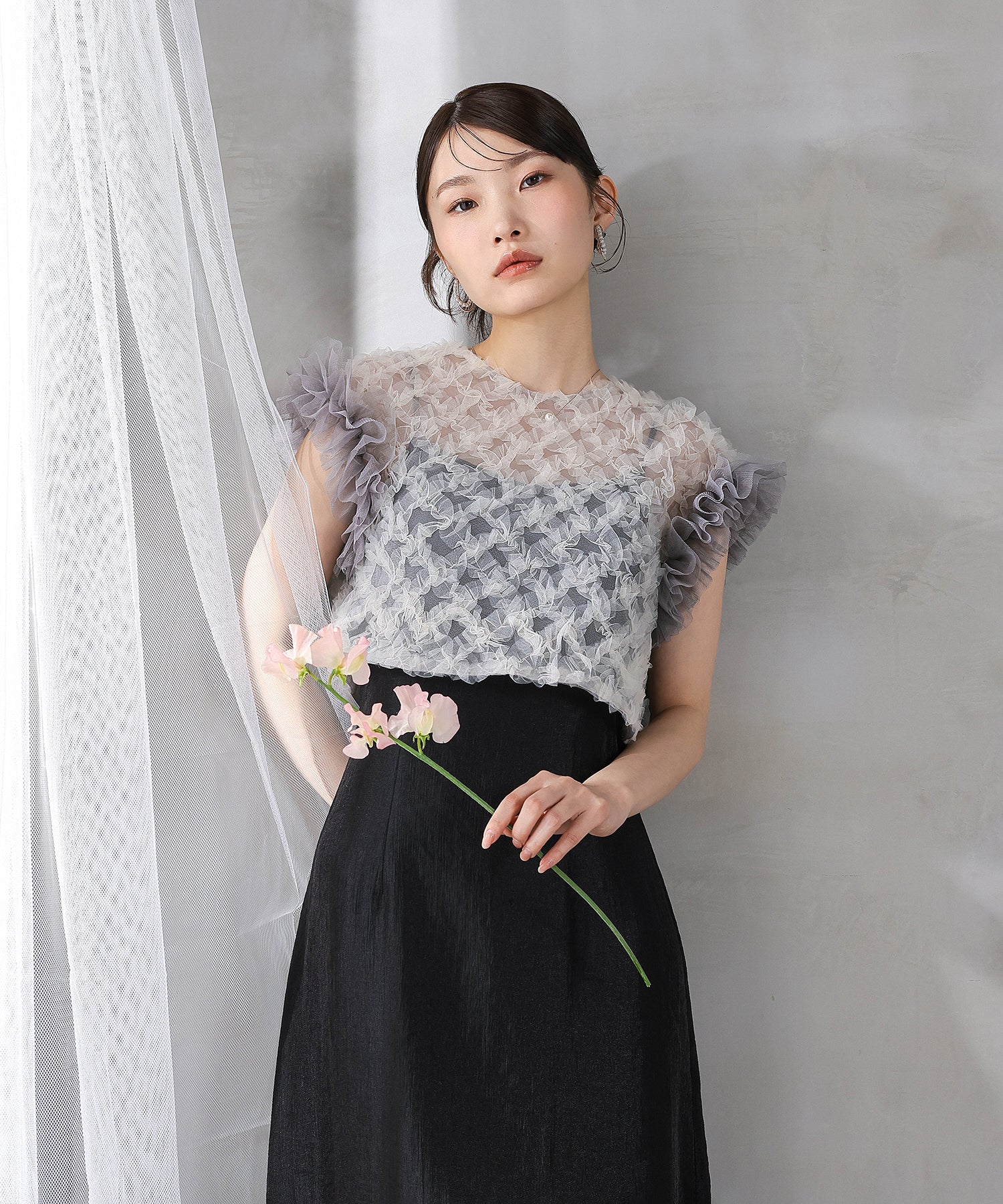 【kaene 別注カラー】ボリュームチュールブラウス 光沢サテンAラインワンピース 2点セットドレス パーティー結婚式 お呼ばれ オケージョンドレス