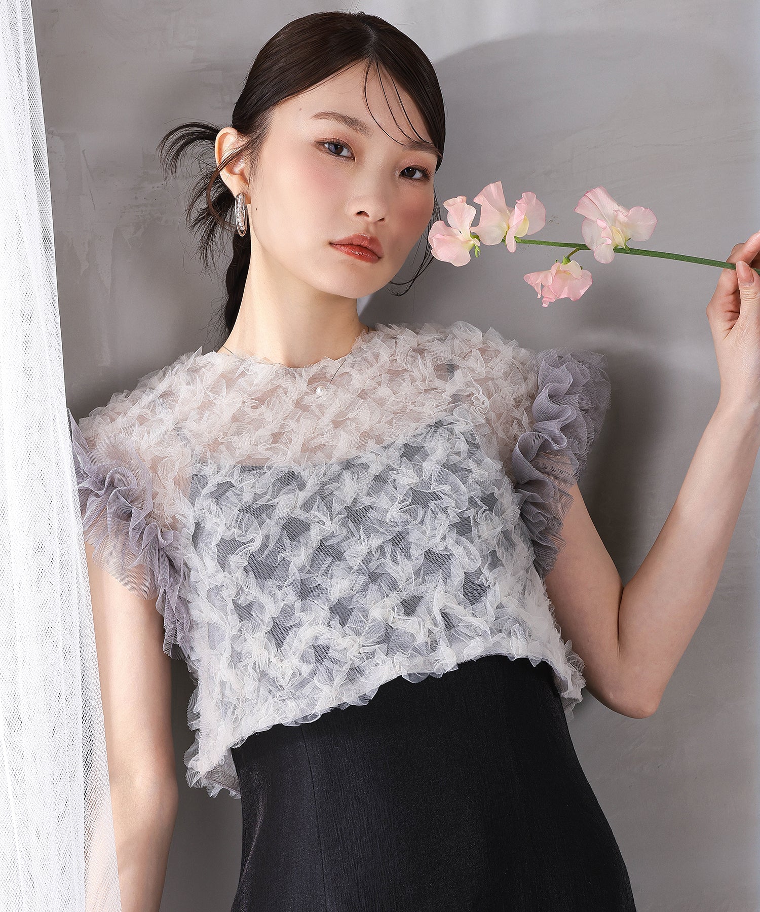 【kaene 別注カラー】ボリュームチュールブラウス 光沢サテンAラインワンピース 2点セットドレス パーティー結婚式 お呼ばれ オケージョンドレス