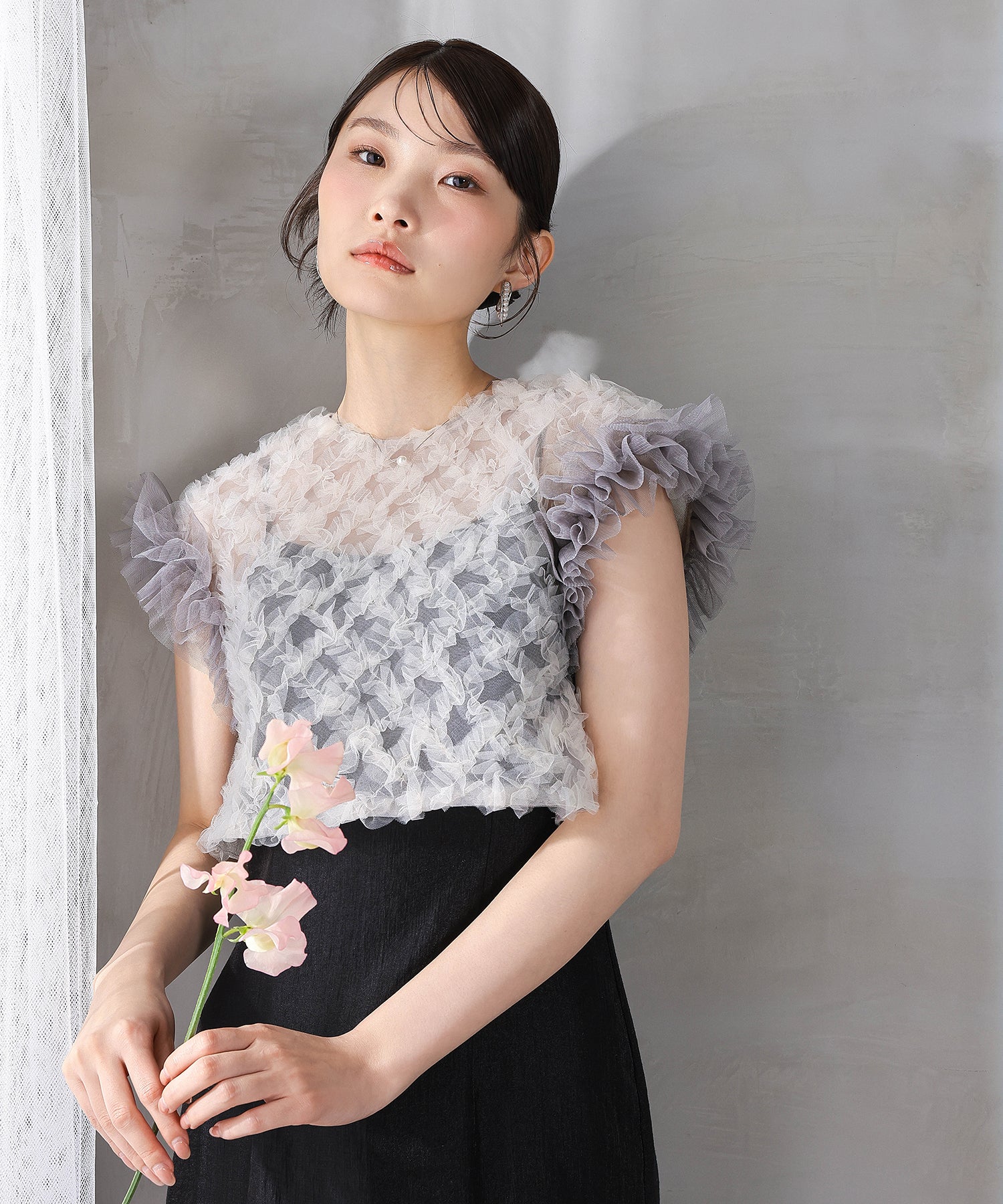 【kaene 別注カラー】ボリュームチュールブラウス 光沢サテンAラインワンピース 2点セットドレス パーティー結婚式 お呼ばれ オケージョンドレス