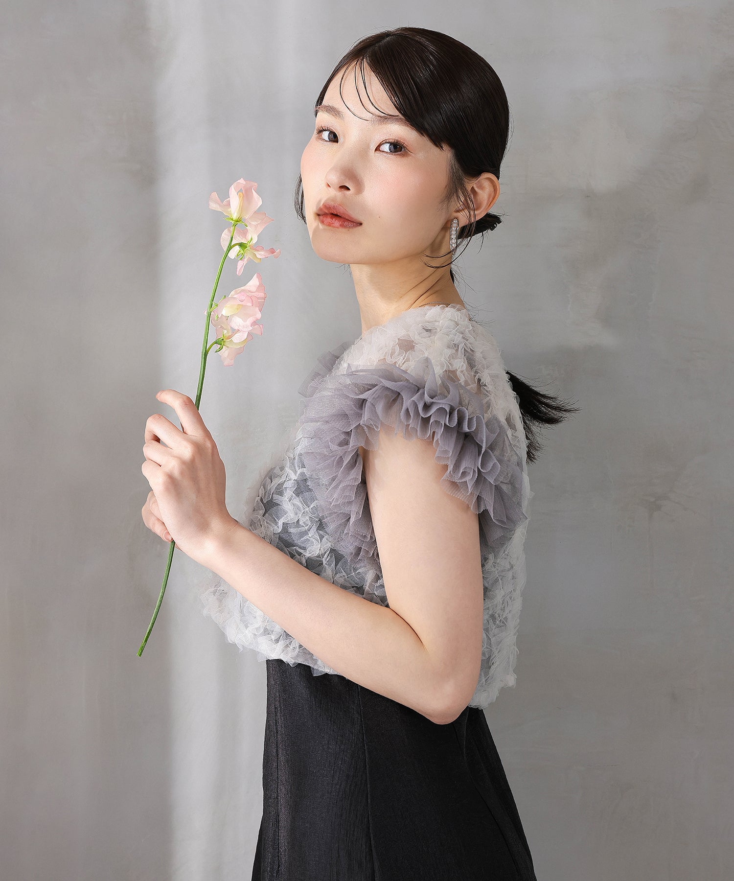 【kaene 別注カラー】ボリュームチュールブラウス 光沢サテンAラインワンピース 2点セットドレス パーティー結婚式 お呼ばれ オケージョンドレス