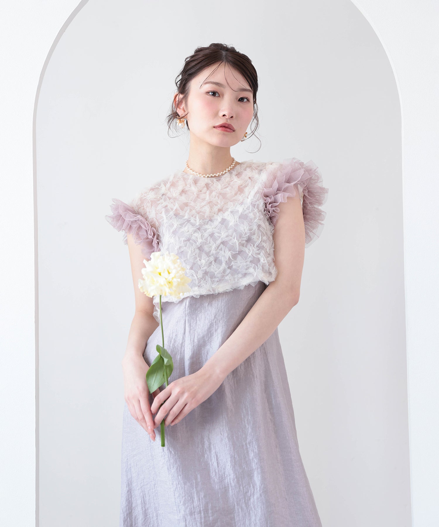 【kaene 別注カラー】ボリュームチュールブラウス 光沢サテンAラインワンピース 2点セットドレス パーティー結婚式 お呼ばれ オケージョンドレス