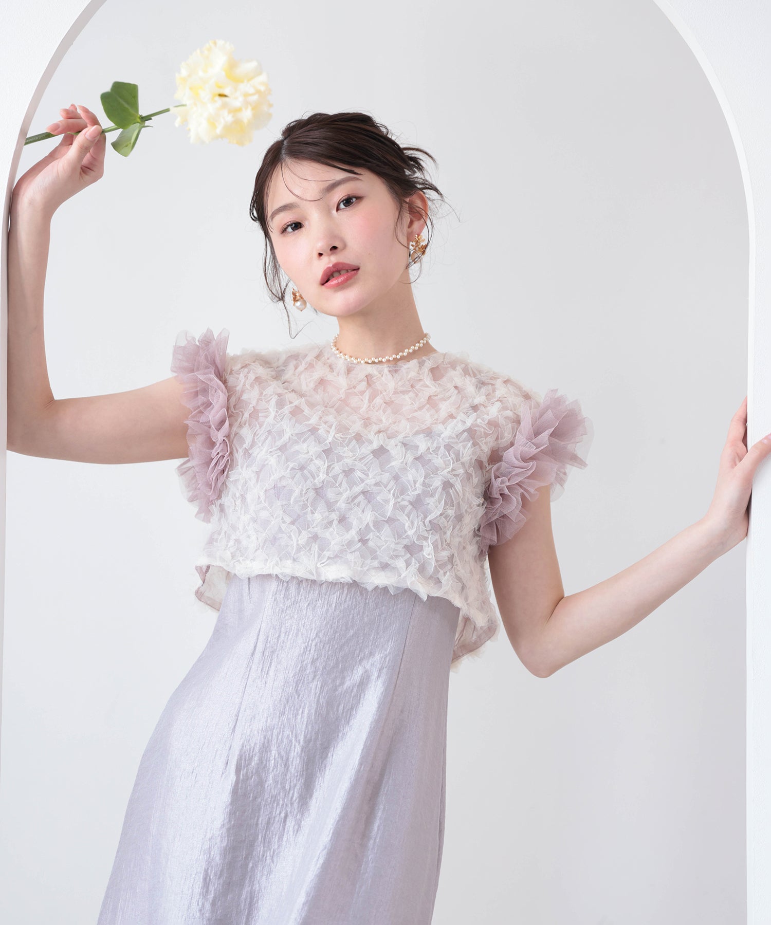 【kaene 別注カラー】ボリュームチュールブラウス 光沢サテンAラインワンピース 2点セットドレス パーティー結婚式 お呼ばれ オケージョンドレス