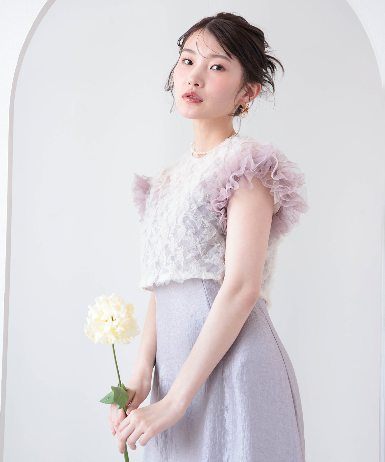 【kaene 別注カラー】ボリュームチュールブラウス 光沢サテンAラインワンピース 2点セットドレス パーティー結婚式 お呼ばれ オケージョンドレス