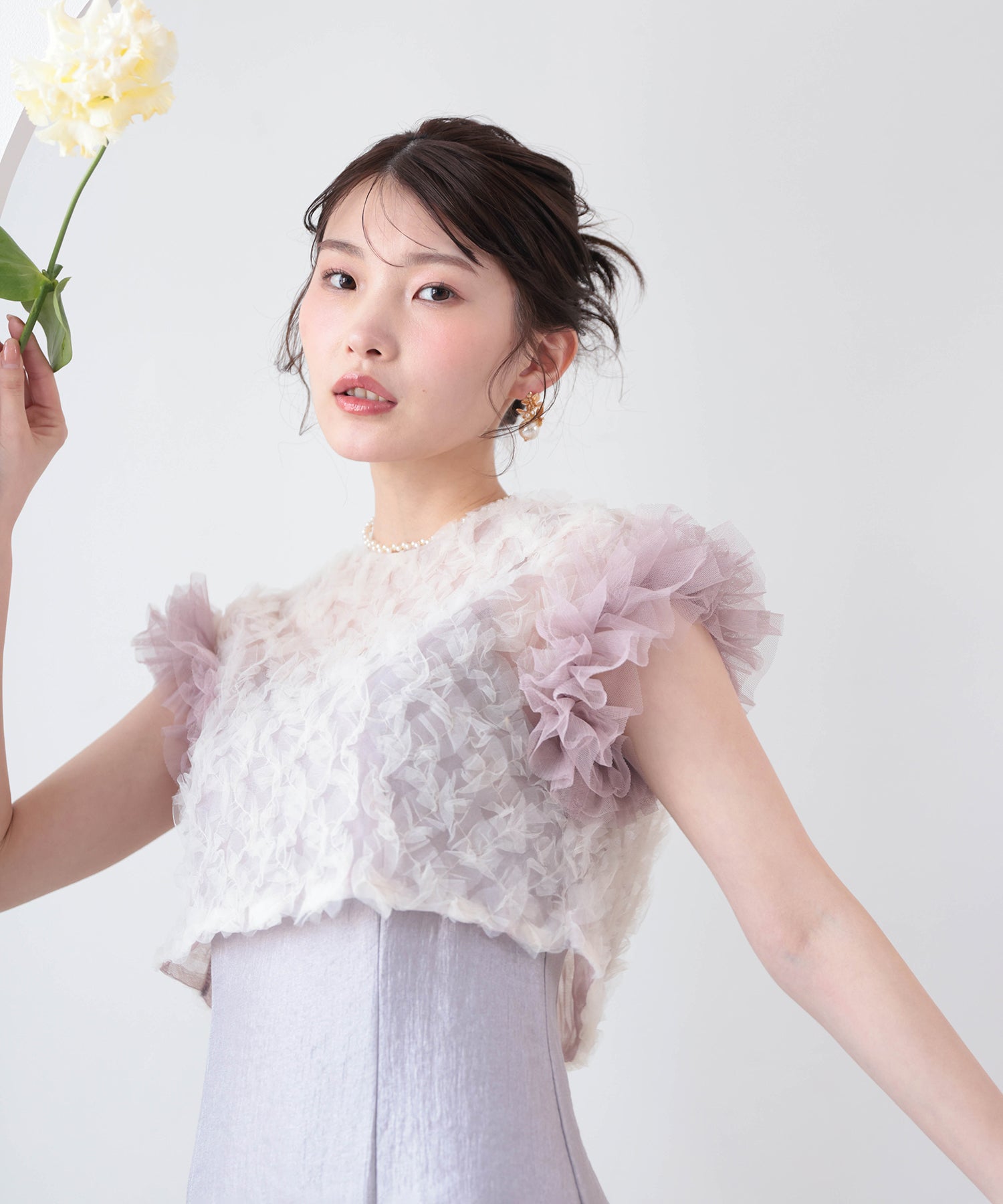 【kaene 別注カラー】ボリュームチュールブラウス 光沢サテンAラインワンピース 2点セットドレス パーティー結婚式 お呼ばれ オケージョンドレス