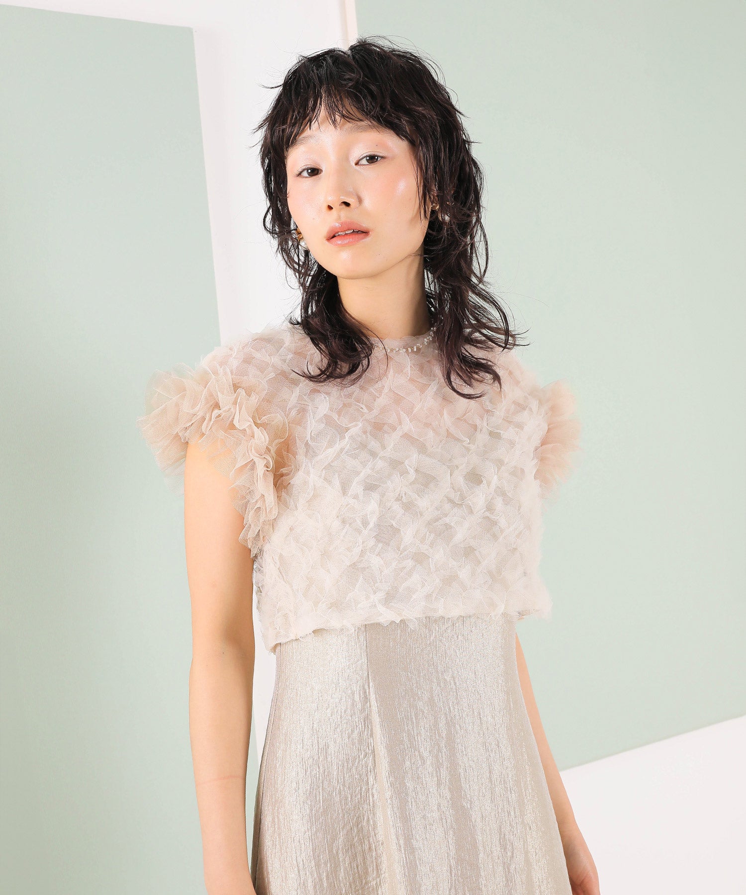 【kaene 別注カラー】ボリュームチュールブラウス 光沢サテンAラインワンピース 2点セットドレス パーティー結婚式 お呼ばれ オケージョンドレス