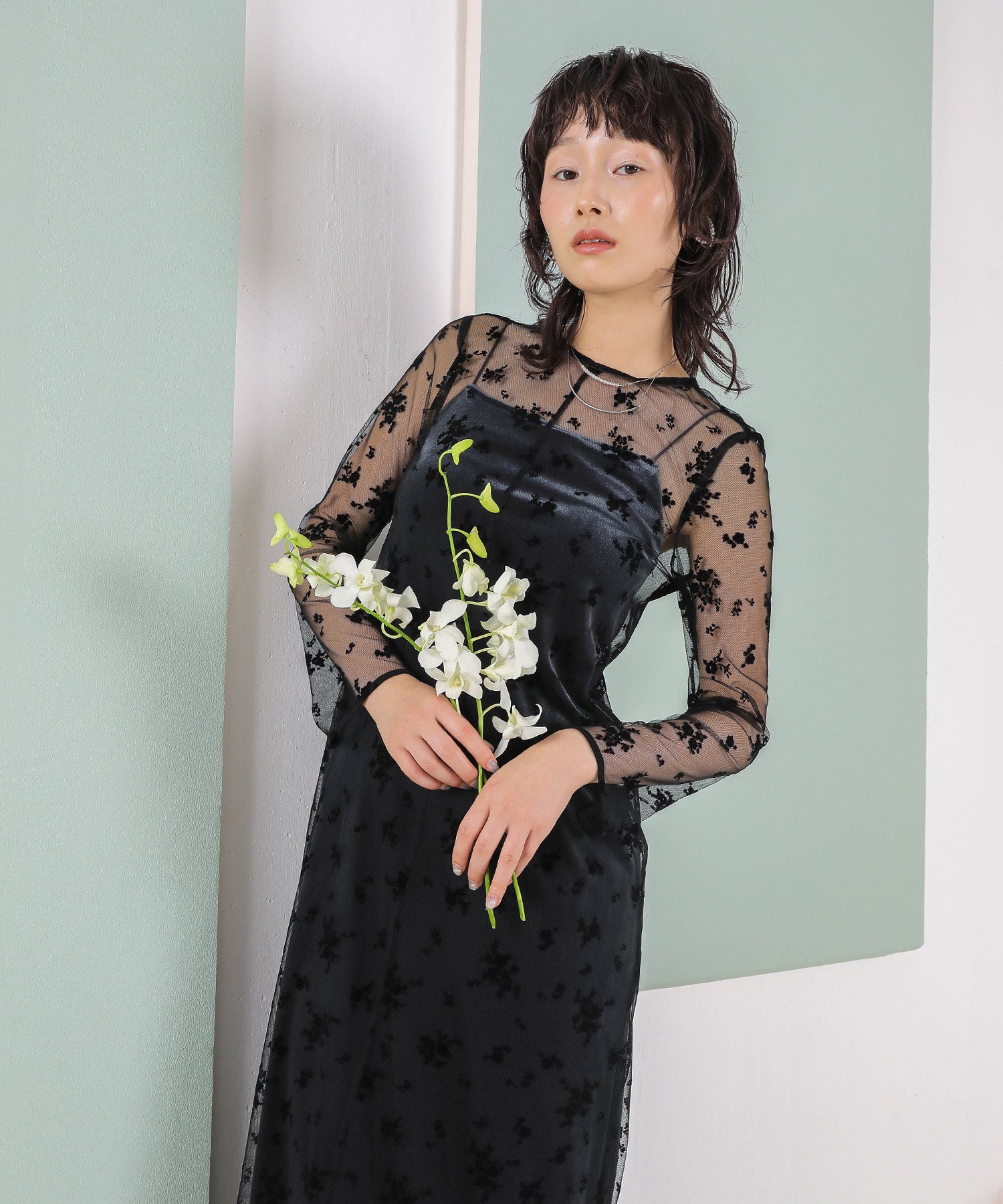 【kaene 別注カラー】フロッキーベロアチュールレース ２way Iラインワンピース ドレス