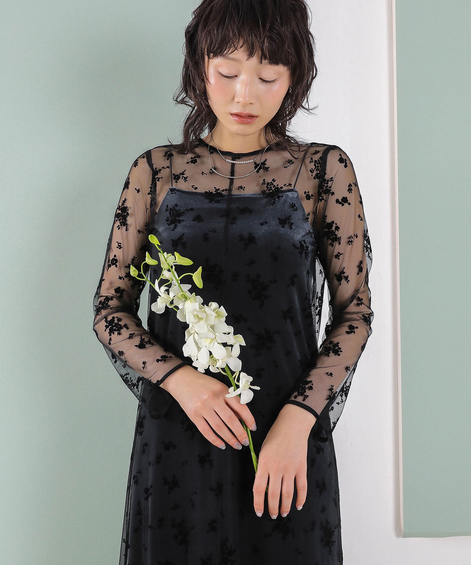 【kaene 別注カラー】フロッキーベロアチュールレース ２way Iラインワンピース ドレス