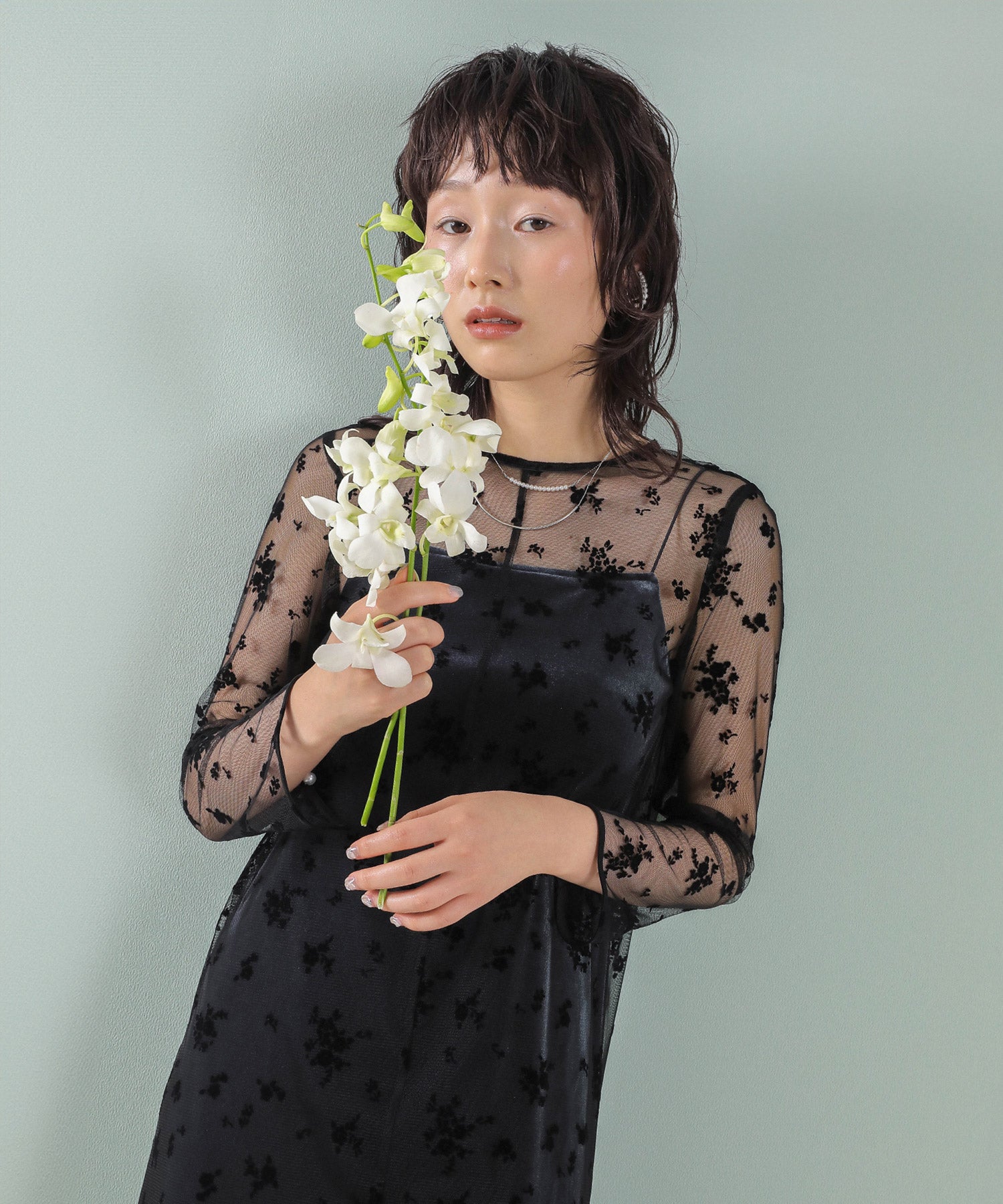 【kaene 別注カラー】フロッキーベロアチュールレース ２way Iラインワンピース ドレス