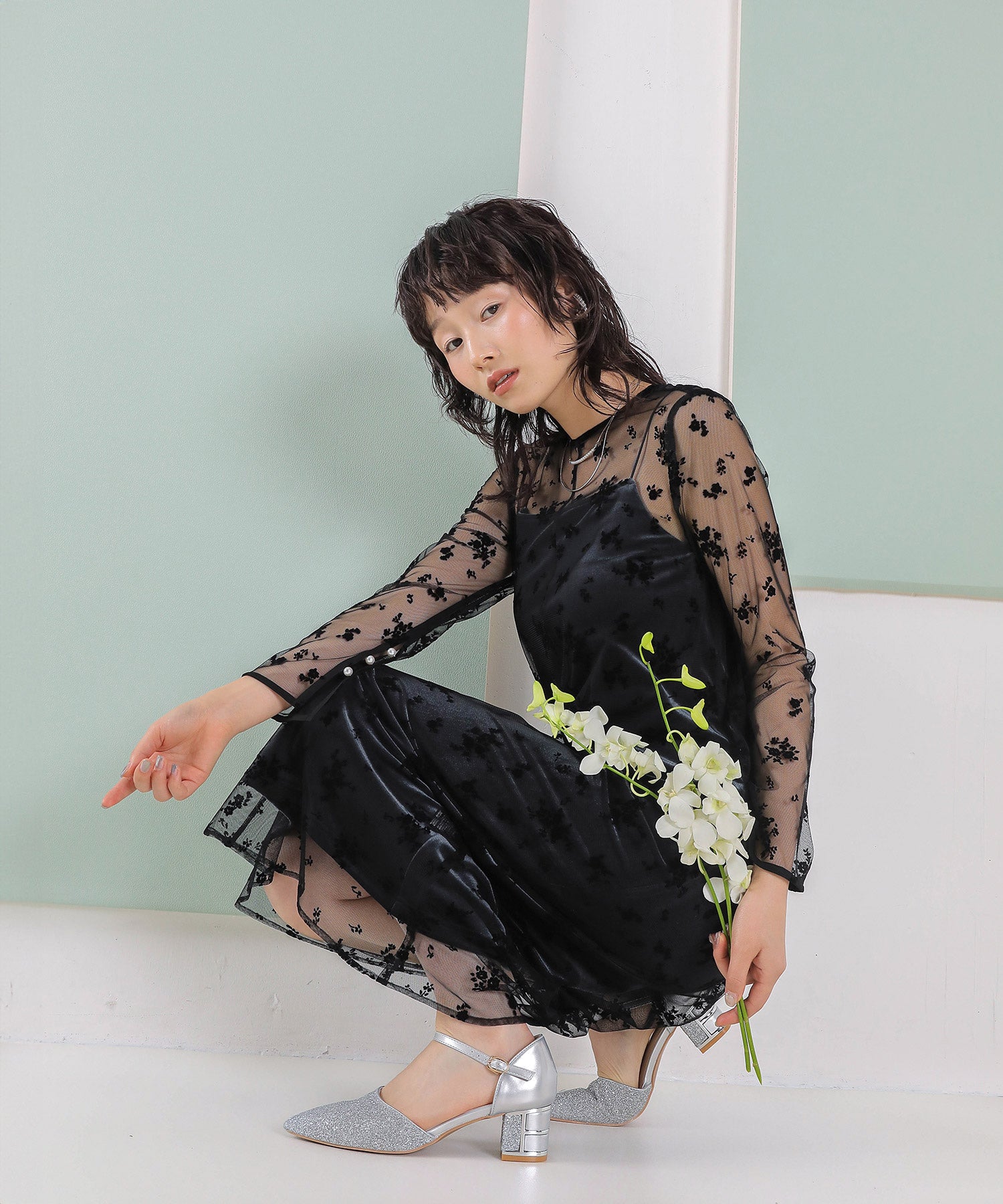 【kaene 別注カラー】フロッキーベロアチュールレース ２way Iラインワンピース ドレス