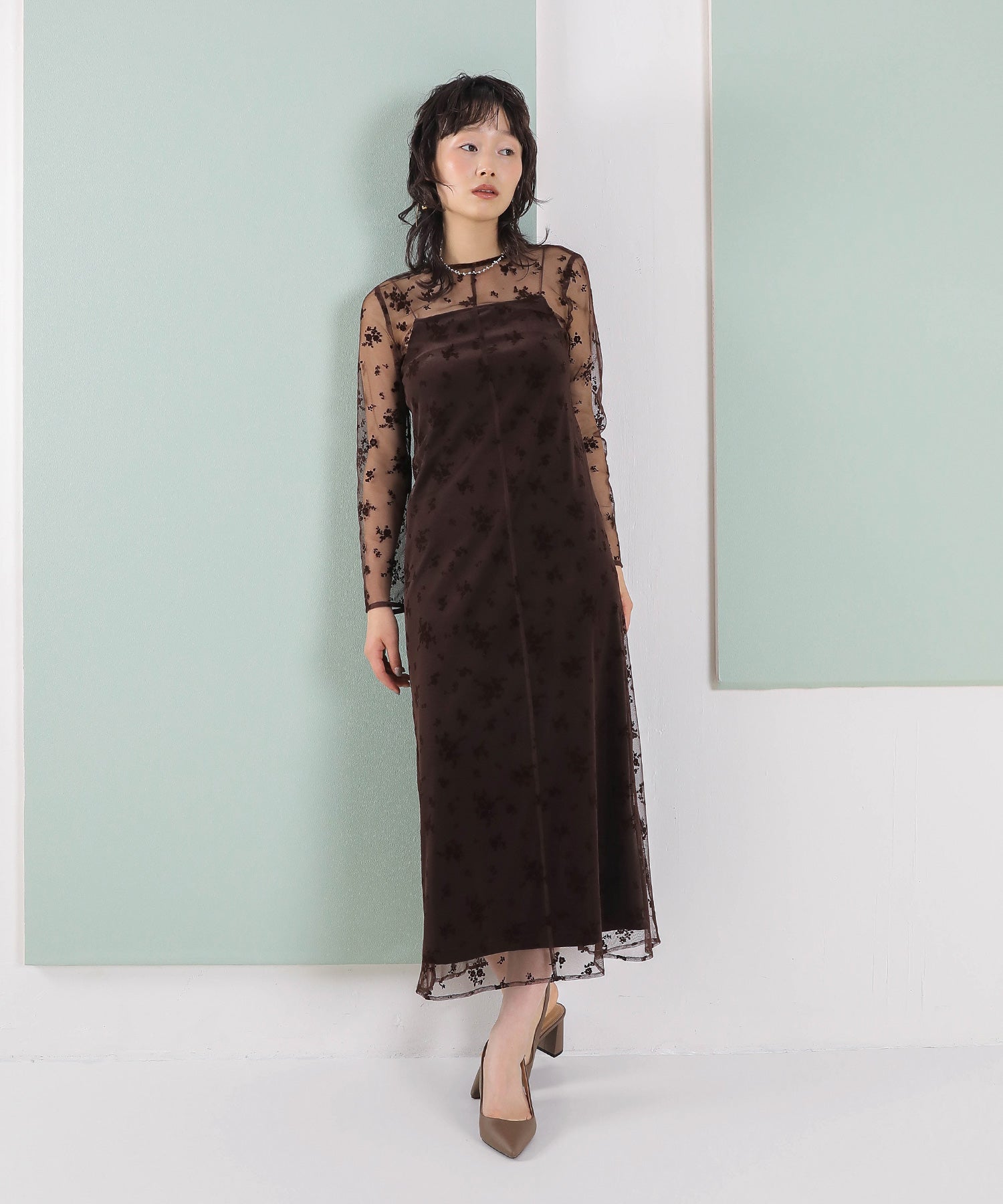 【kaene 別注カラー】フロッキーベロアチュールレース ２way Iラインワンピース ドレス