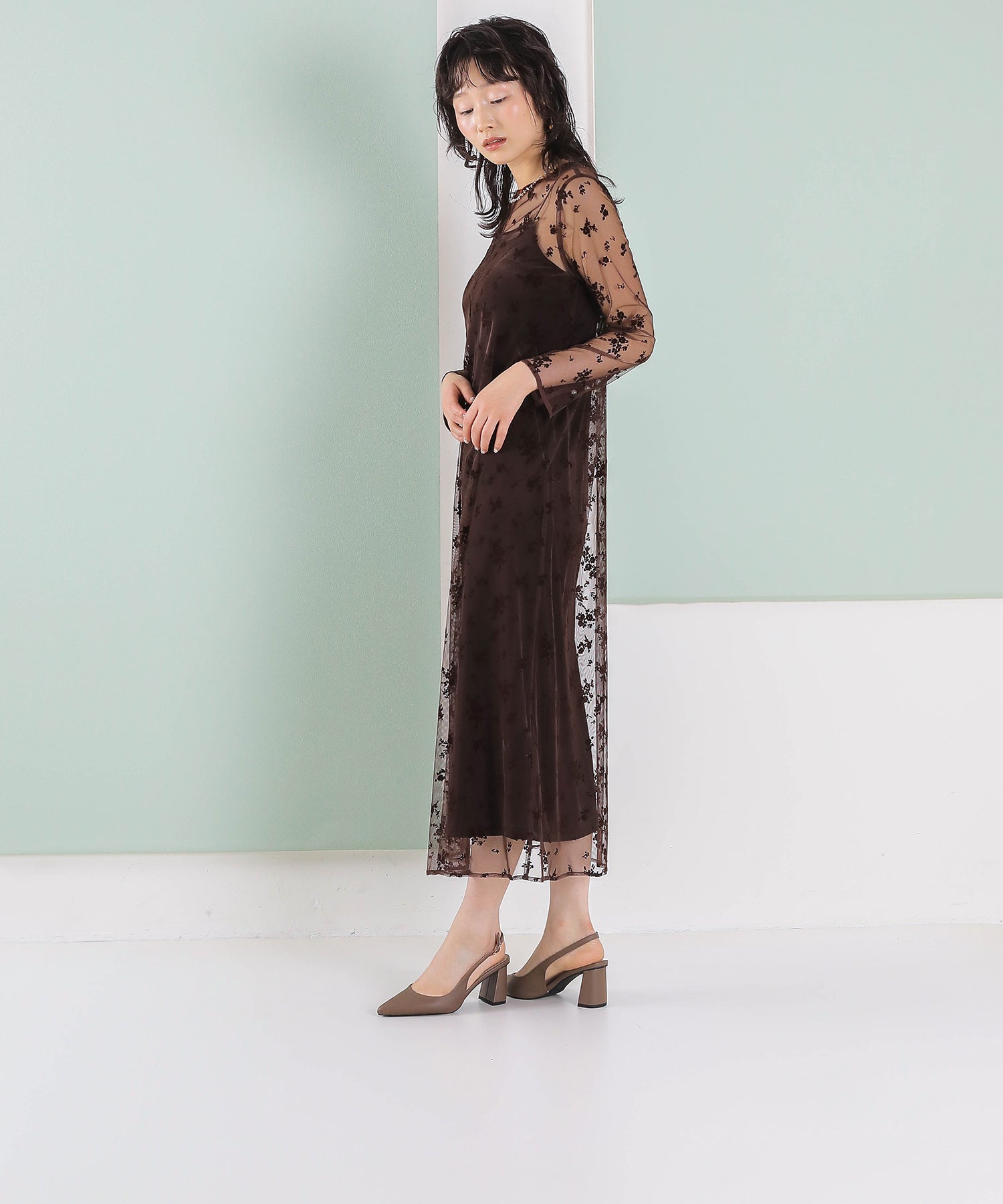 【kaene 別注カラー】フロッキーベロアチュールレース ２way Iラインワンピース ドレス