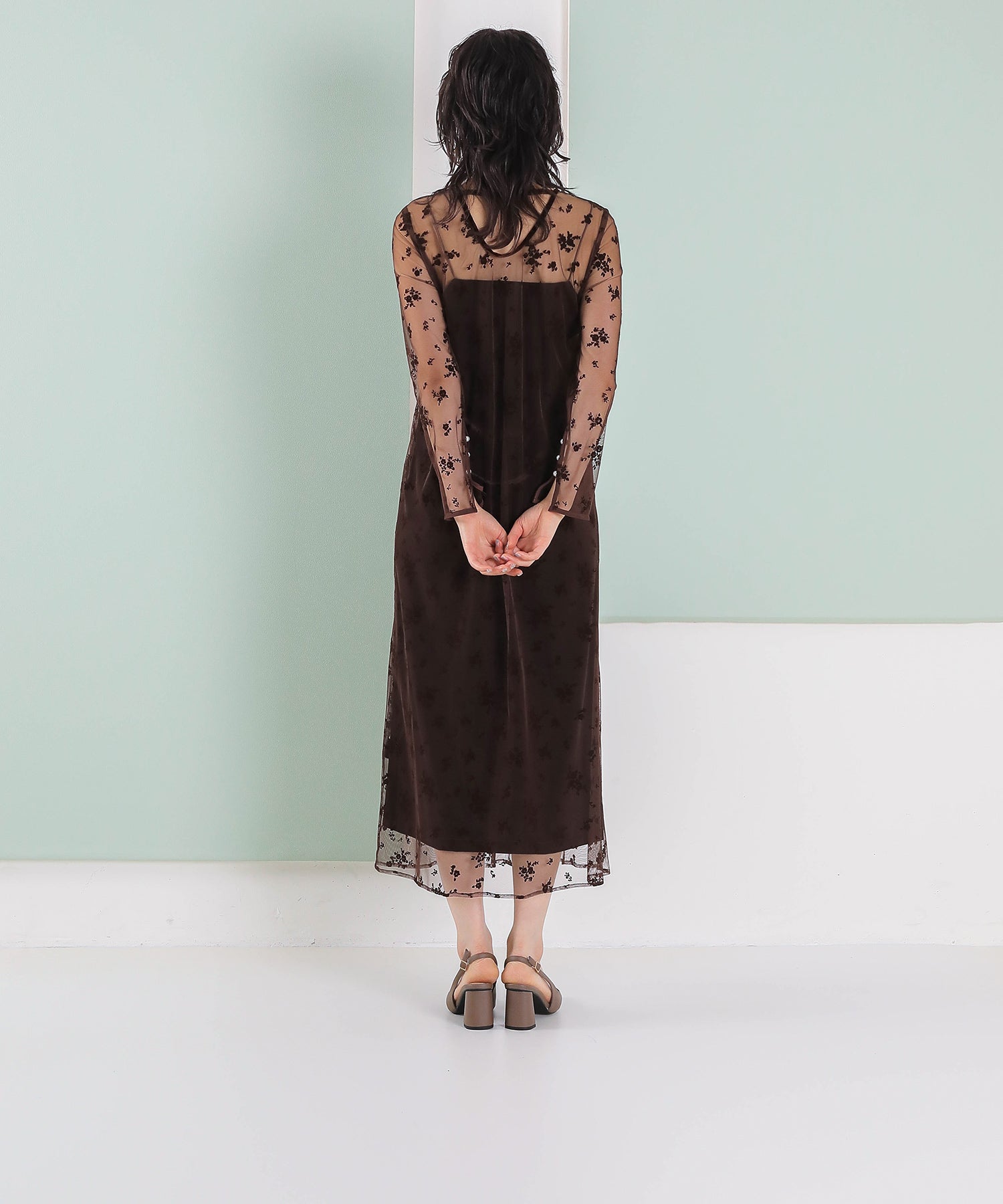 【kaene 別注カラー】フロッキーベロアチュールレース ２way Iラインワンピース ドレス