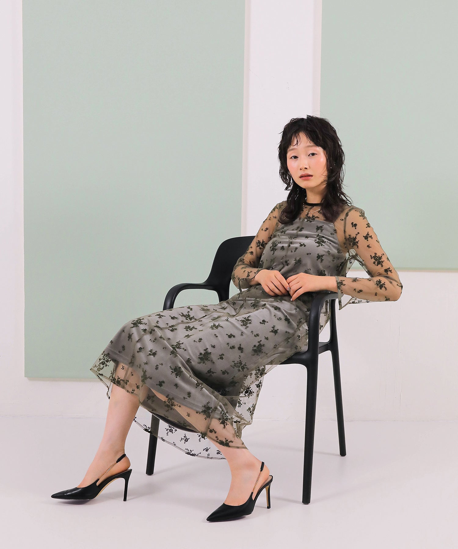 【kaene 別注カラー】フロッキーベロアチュールレース ２way Iラインワンピース ドレス