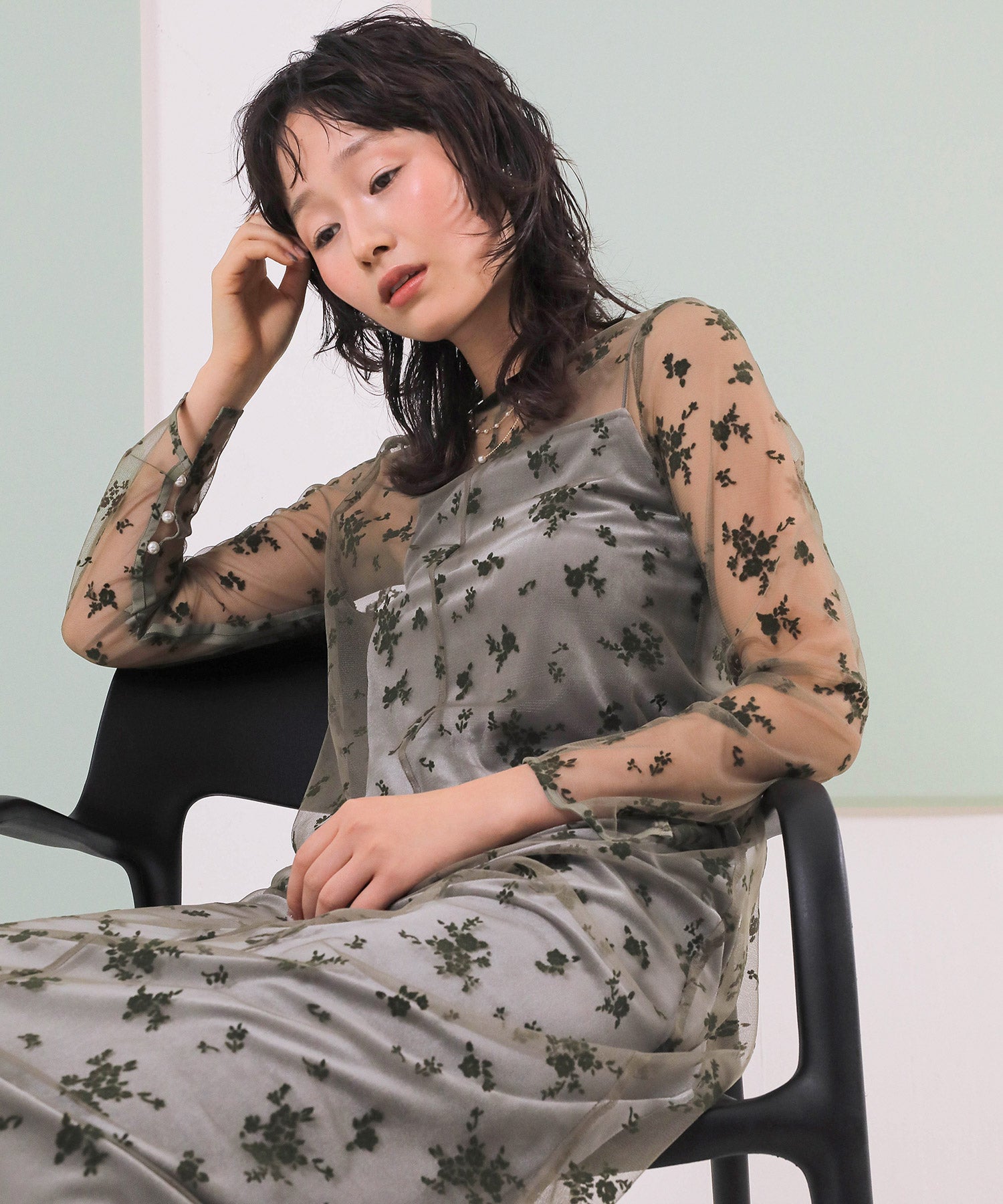 【kaene 別注カラー】フロッキーベロアチュールレース ２way Iラインワンピース ドレス