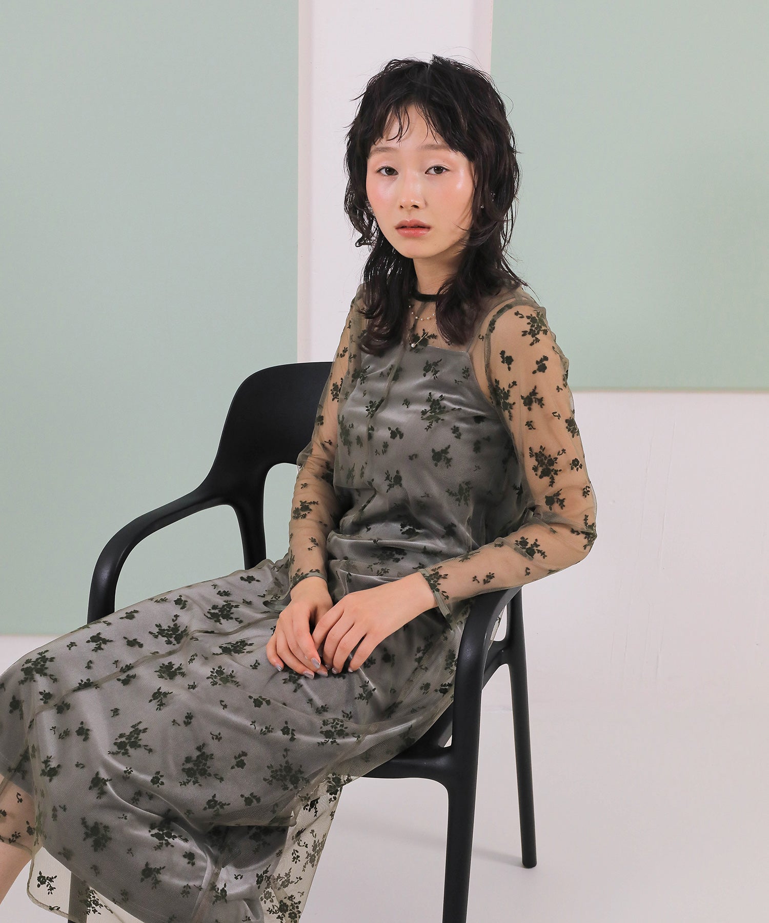 【kaene 別注カラー】フロッキーベロアチュールレース ２way Iラインワンピース ドレス