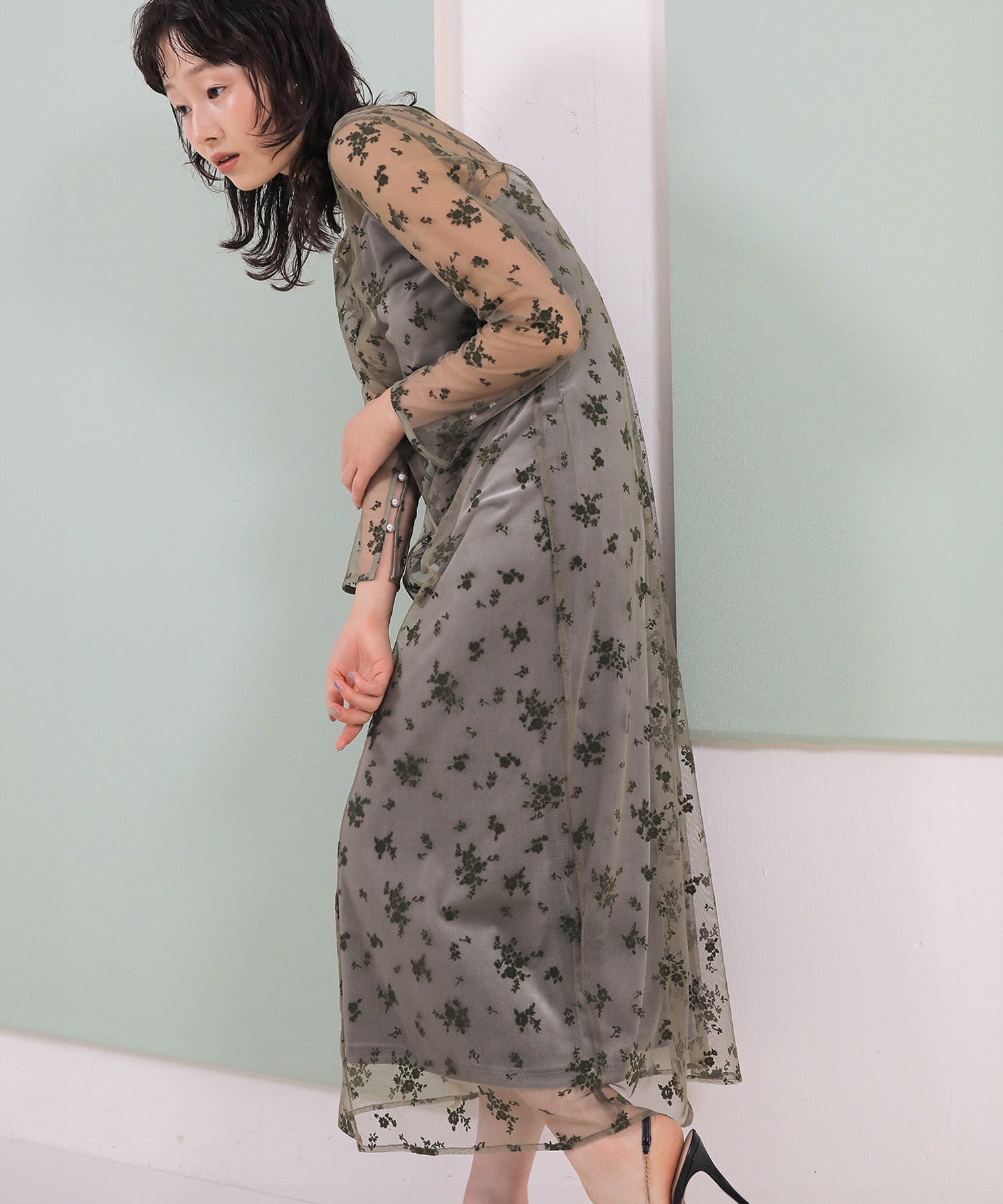 【kaene 別注カラー】フロッキーベロアチュールレース ２way Iラインワンピース ドレス