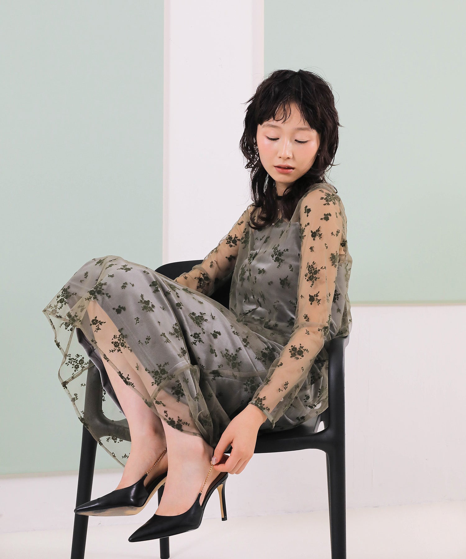 【kaene 別注カラー】フロッキーベロアチュールレース ２way Iラインワンピース ドレス