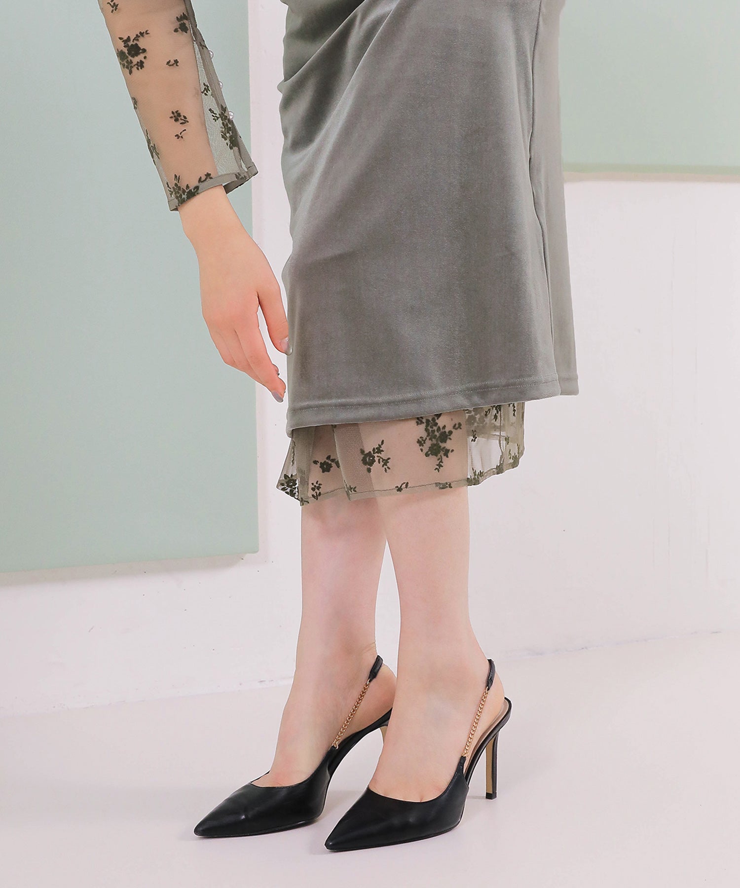 【kaene 別注カラー】フロッキーベロアチュールレース ２way Iラインワンピース ドレス