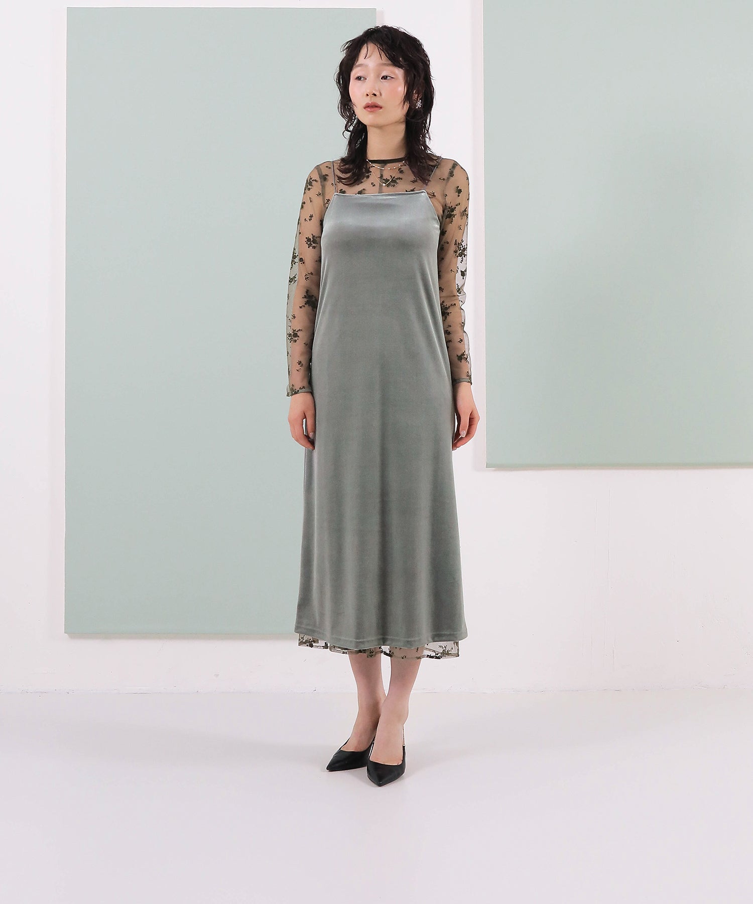 【kaene 別注カラー】フロッキーベロアチュールレース ２way Iラインワンピース ドレス