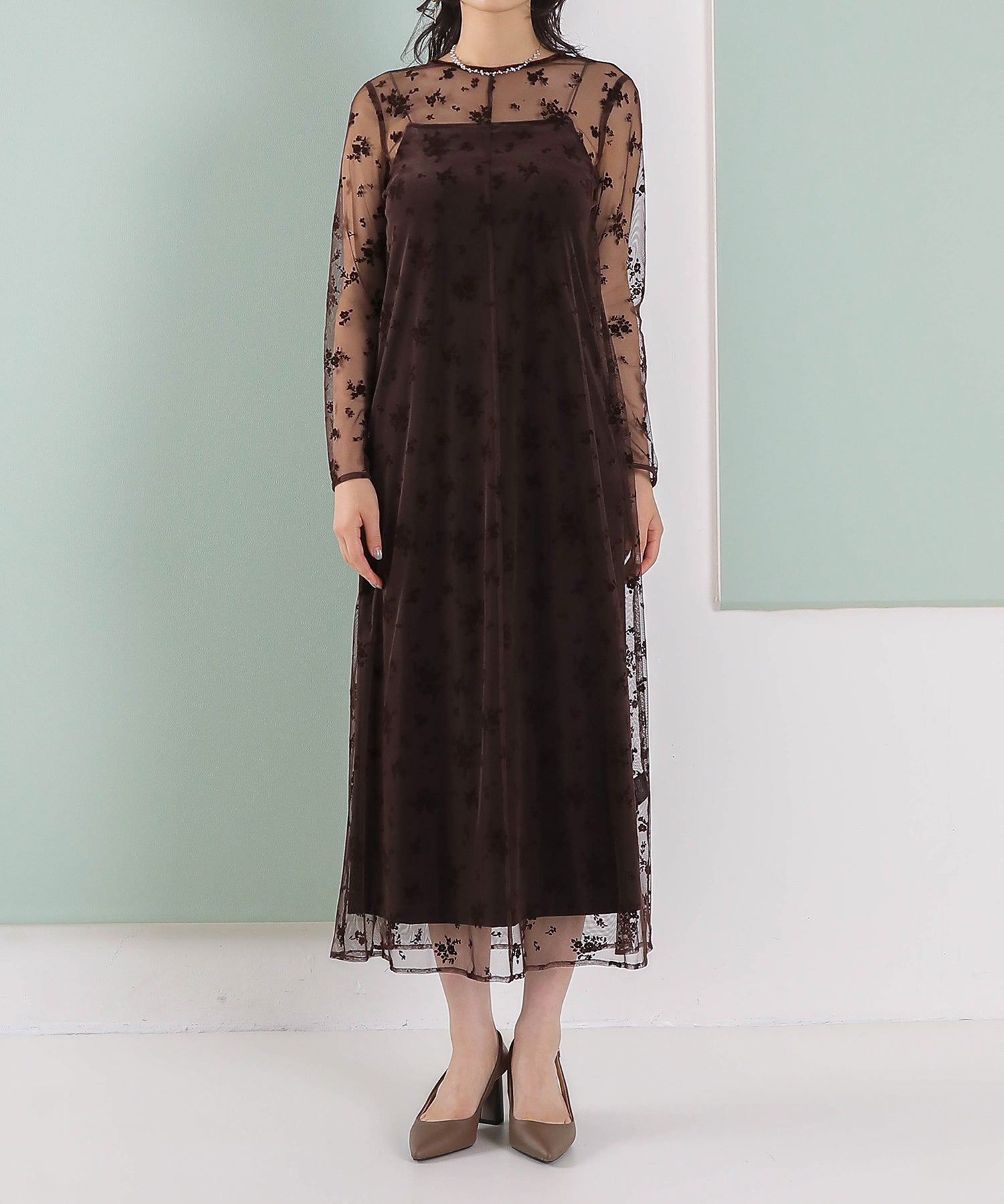 【kaene 別注カラー】フロッキーベロアチュールレース ２way Iラインワンピース ドレス