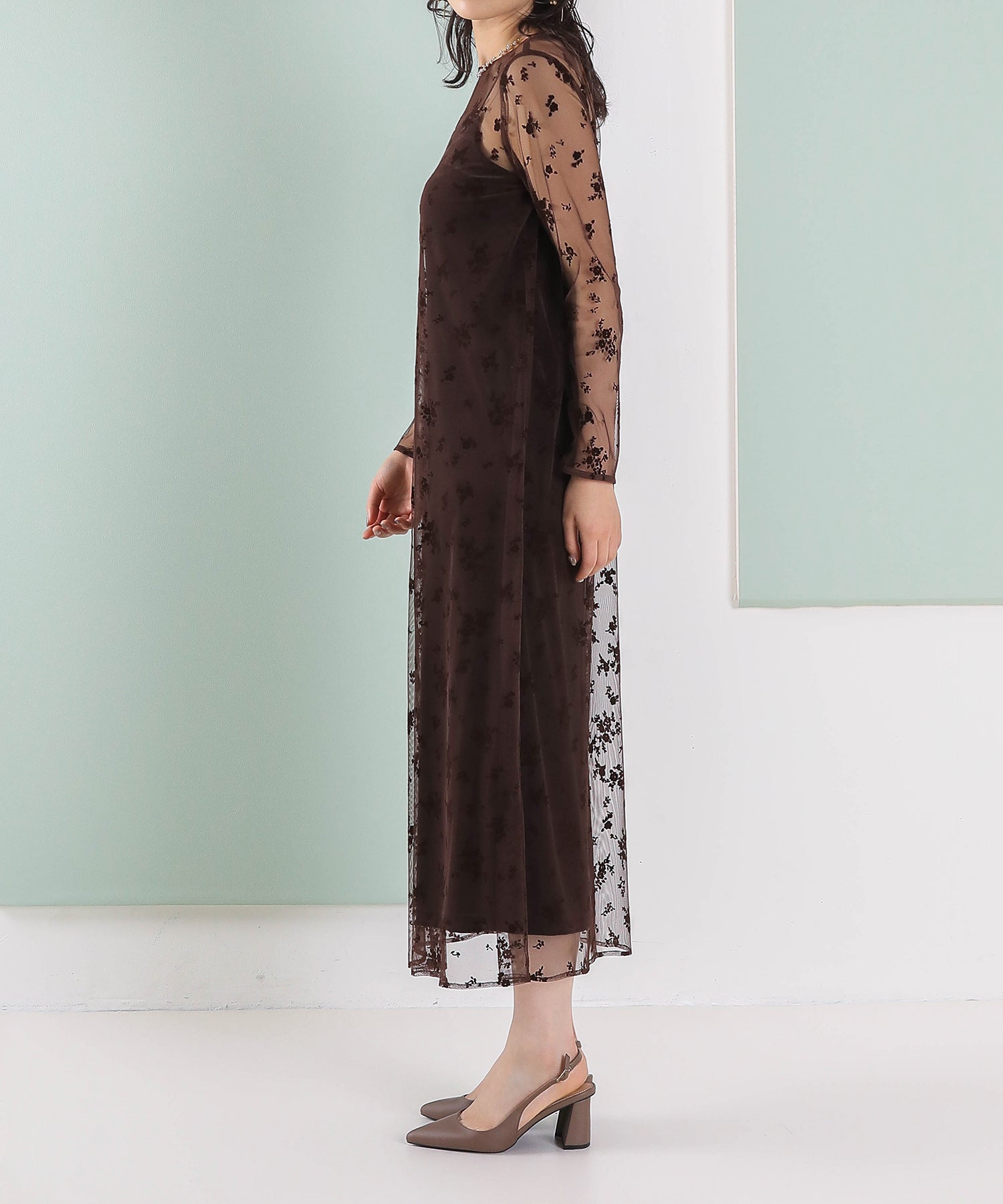 【kaene 別注カラー】フロッキーベロアチュールレース ２way Iラインワンピース ドレス