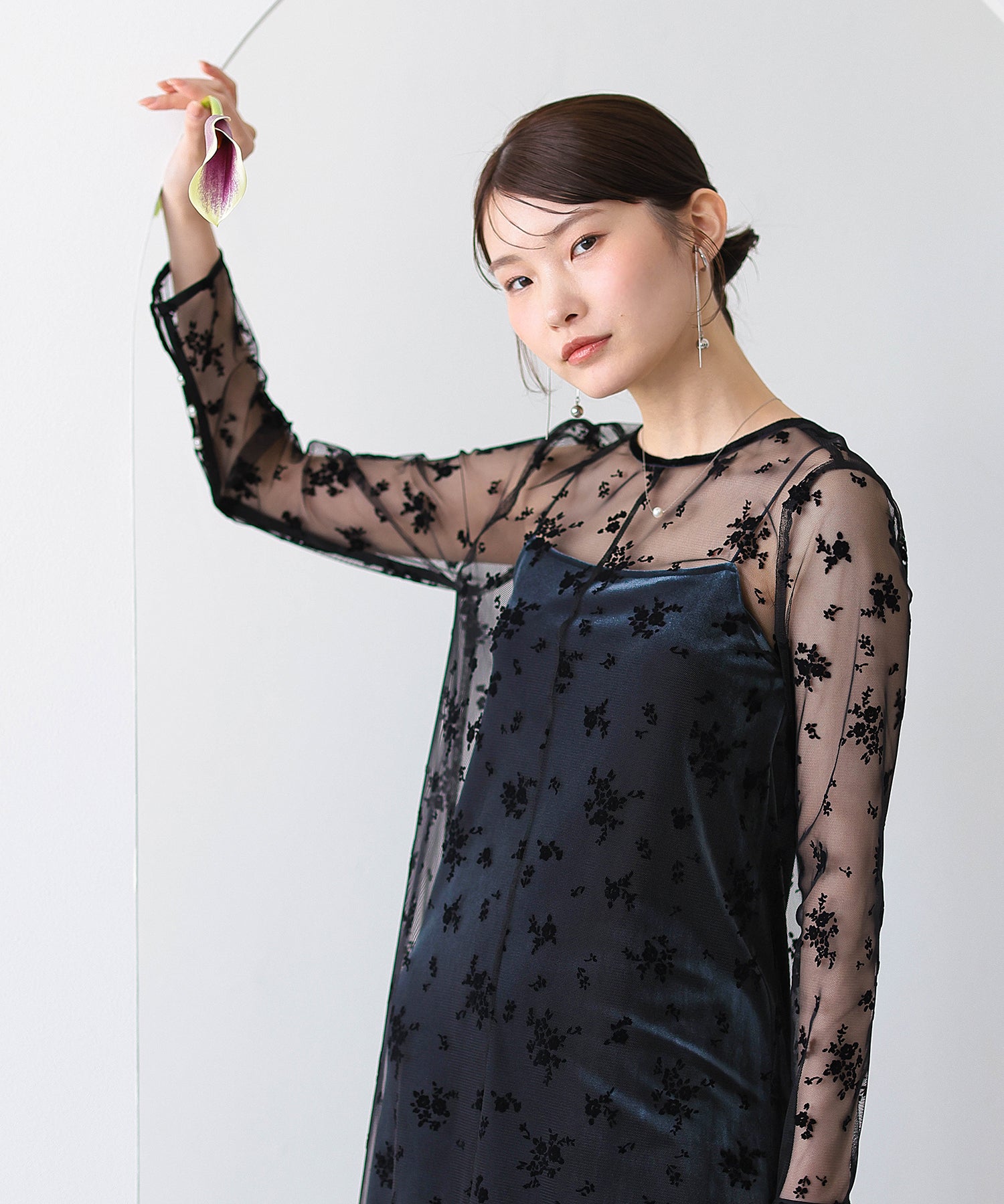 【kaene 別注カラー】フロッキーベロアチュールレース ２way Iラインワンピース ドレス