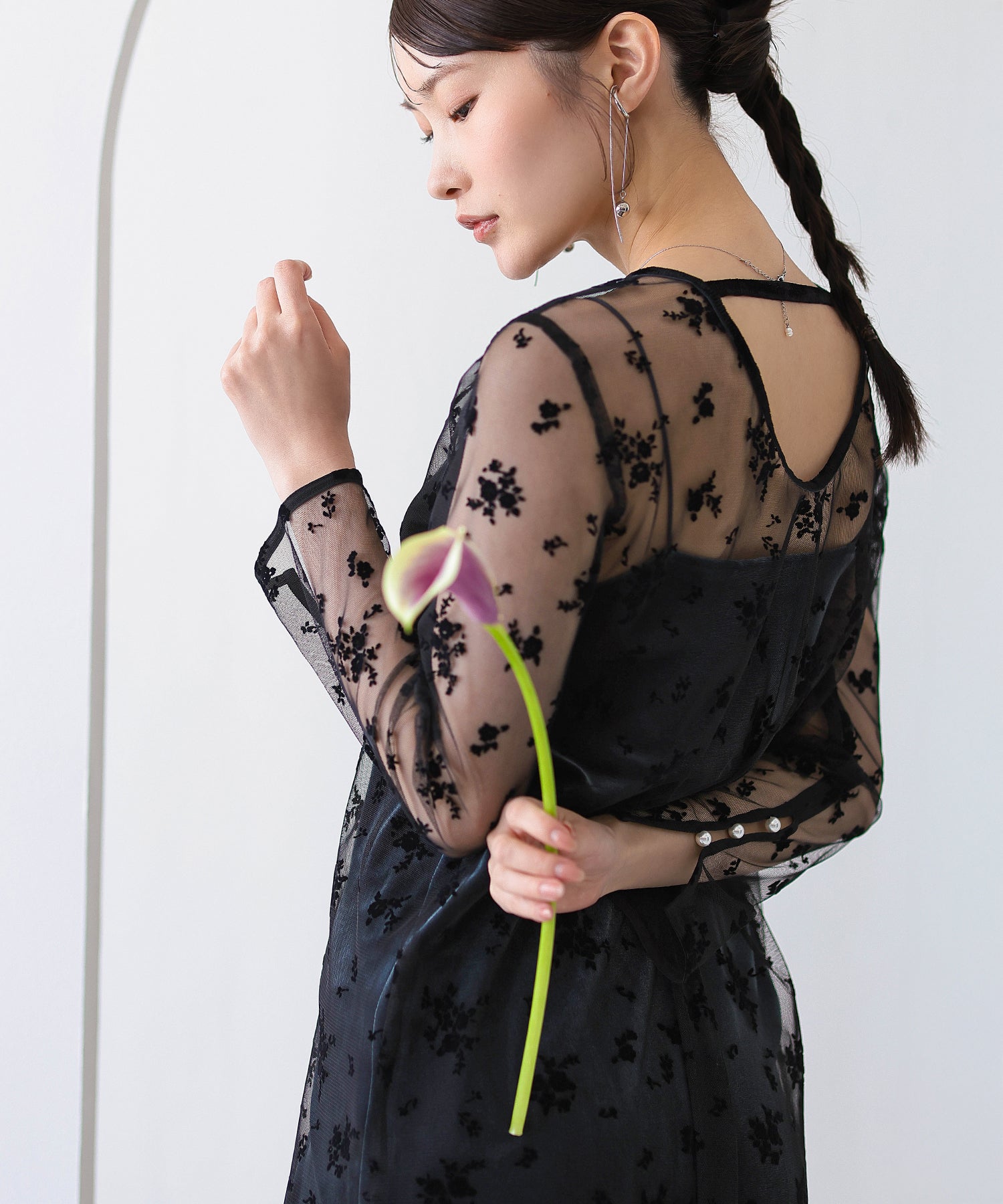 【kaene 別注カラー】フロッキーベロアチュールレース ２way Iラインワンピース ドレス