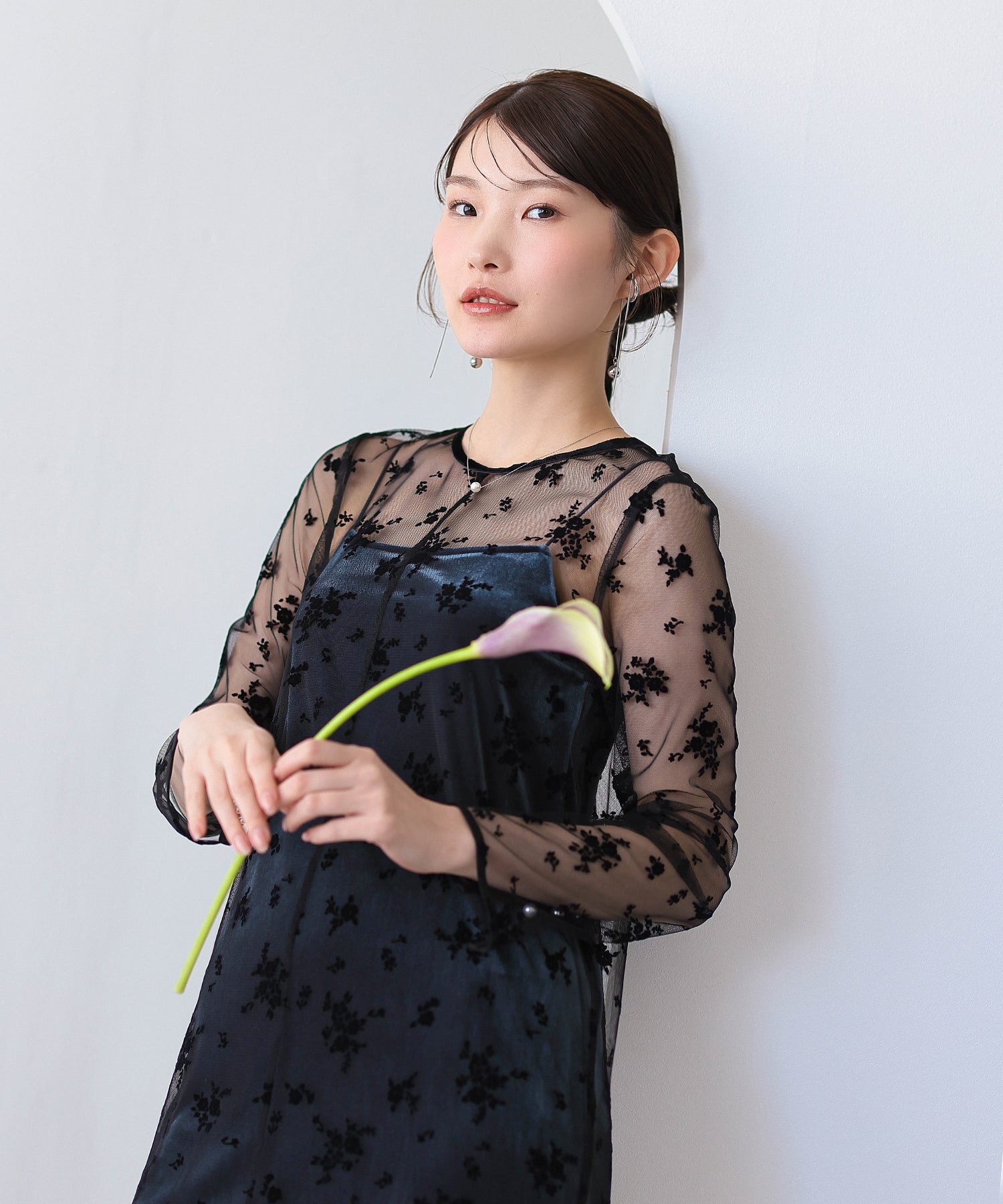 【kaene 別注カラー】フロッキーベロアチュールレース ２way Iラインワンピース ドレス