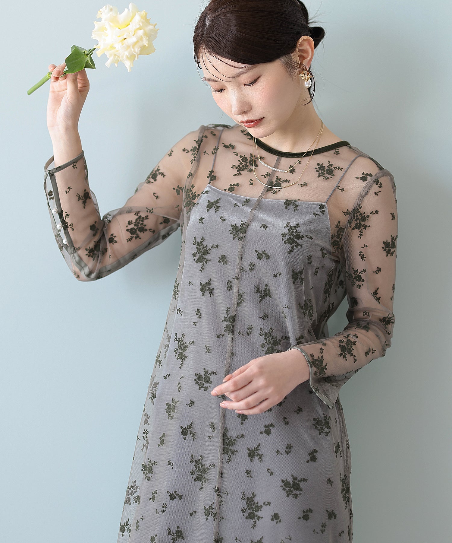 【kaene 別注カラー】フロッキーベロアチュールレース ２way Iラインワンピース ドレス