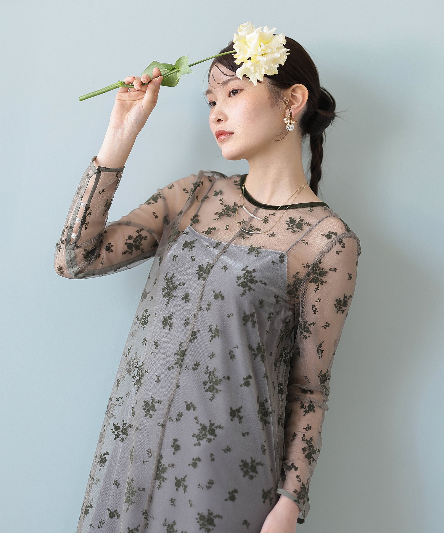 【kaene 別注カラー】フロッキーベロアチュールレース ２way Iラインワンピース ドレス