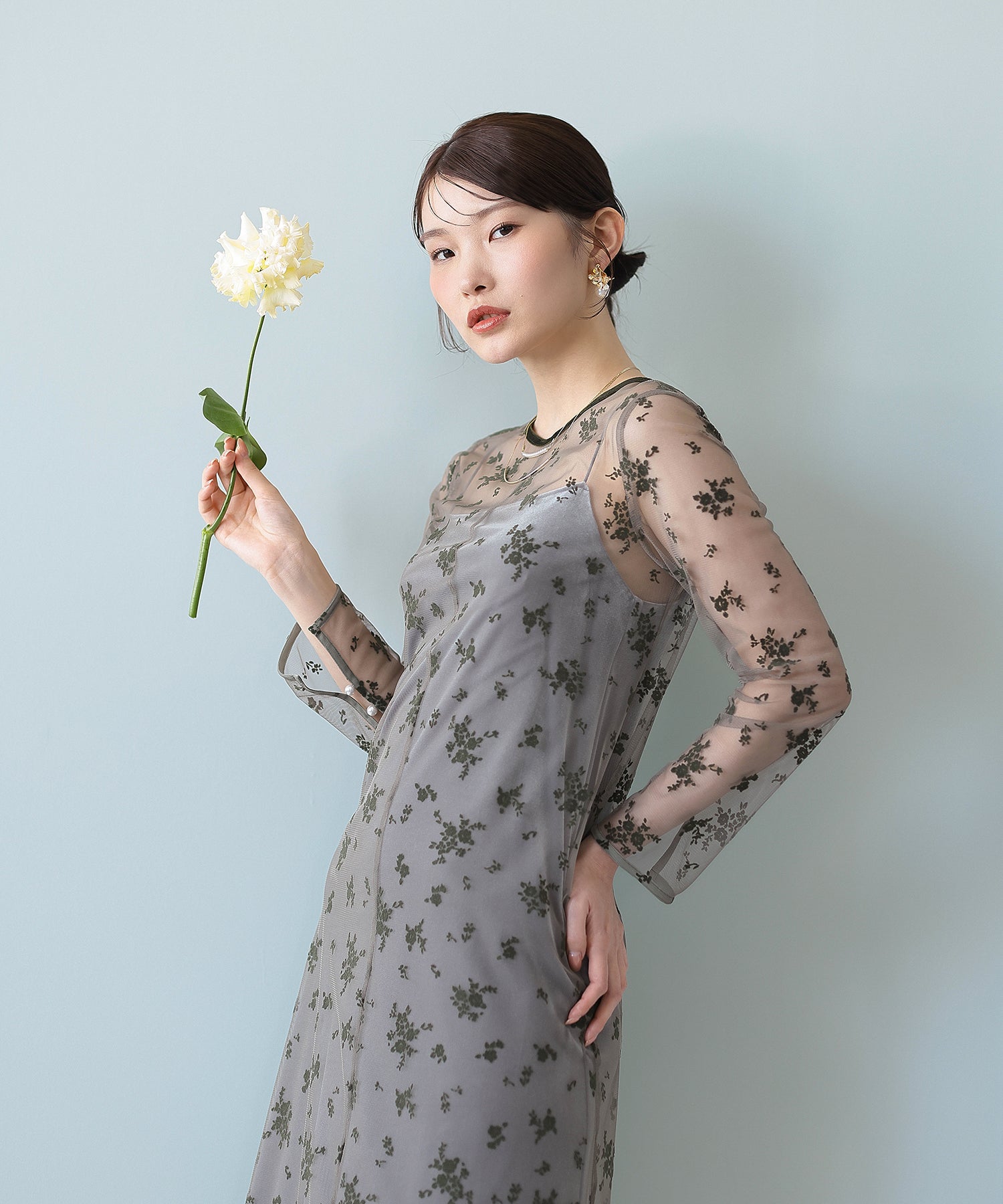 【kaene 別注カラー】フロッキーベロアチュールレース ２way Iラインワンピース ドレス