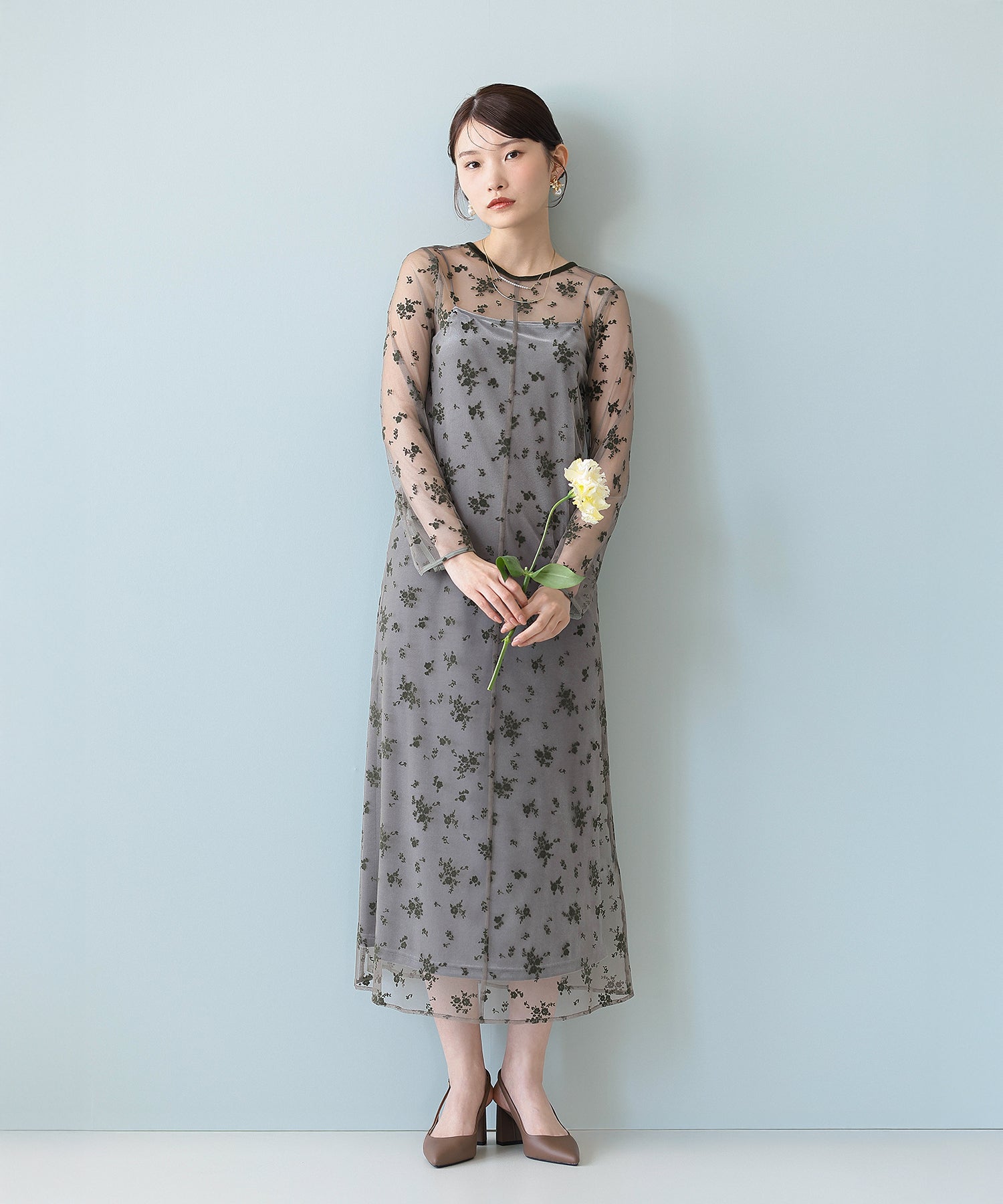 【kaene 別注カラー】フロッキーベロアチュールレース ２way Iラインワンピース ドレス