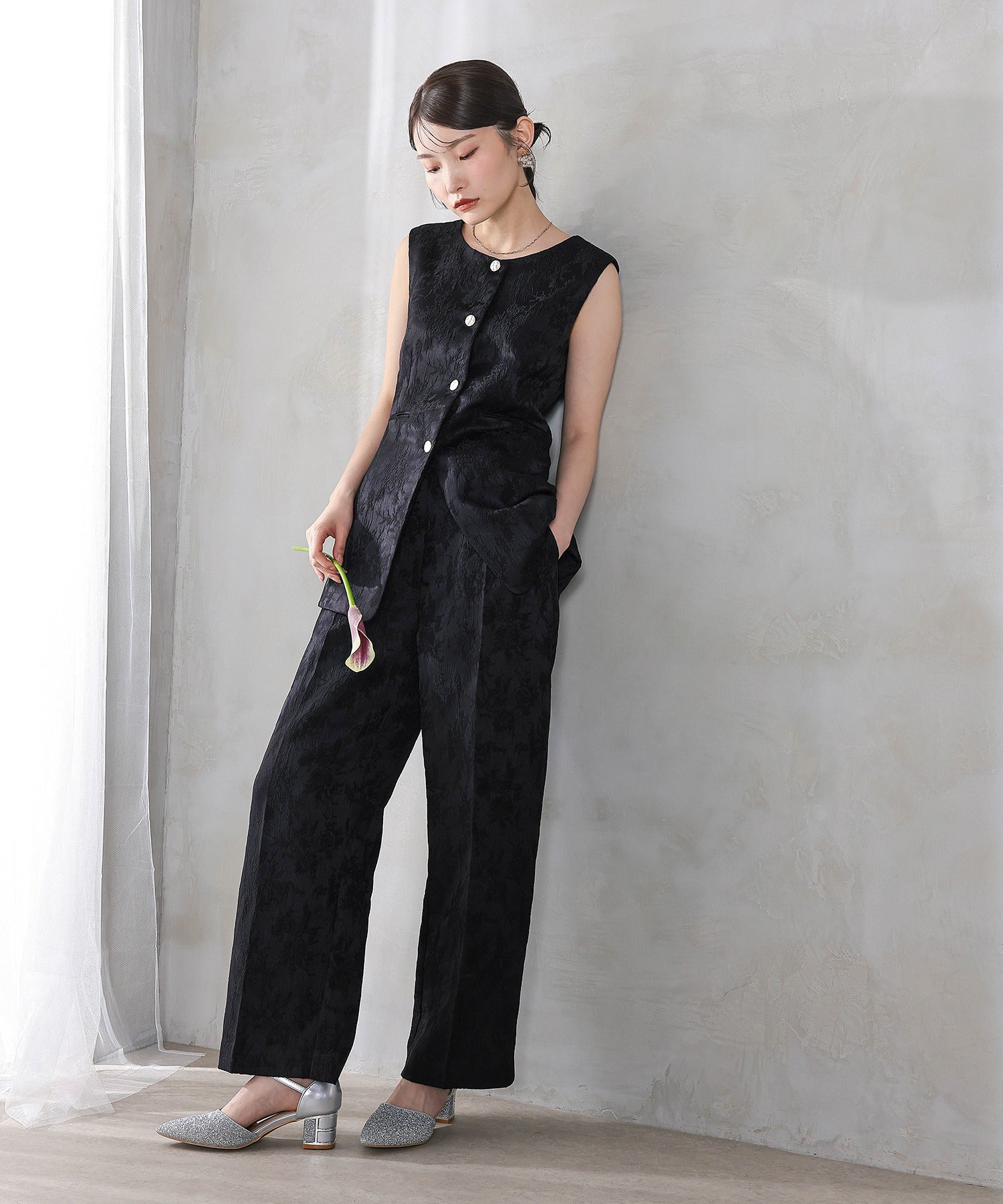 ジャガードジレ ストレートパンツ 2点セット パンツドレス セットアップ 結婚式 お呼ばれ オケージョン パーティー