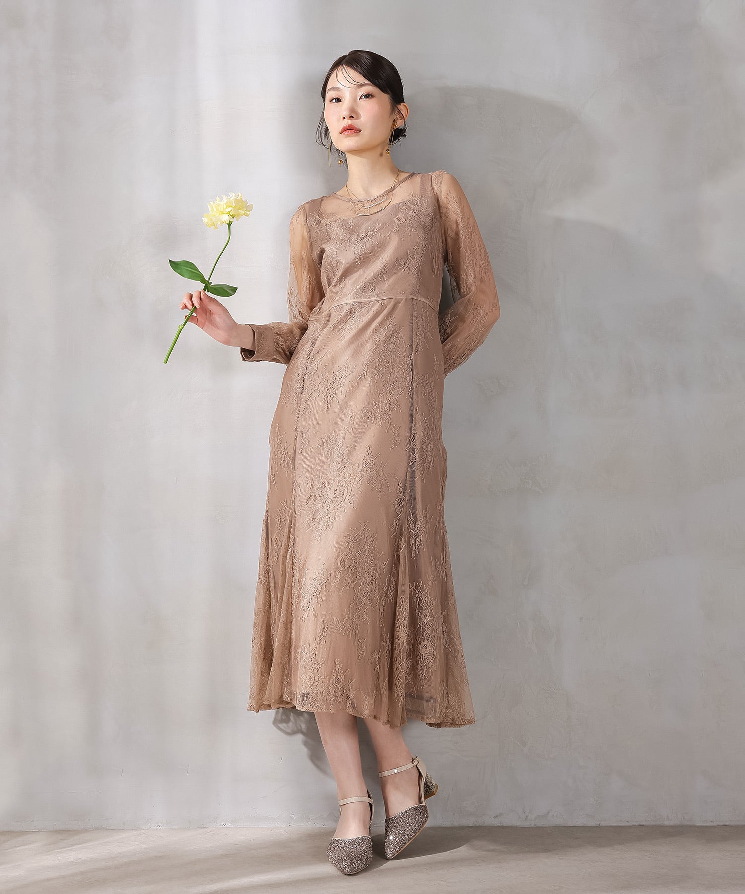 刺繍レース バックデザイン 総レース フレアワンピース ドレス パーティー