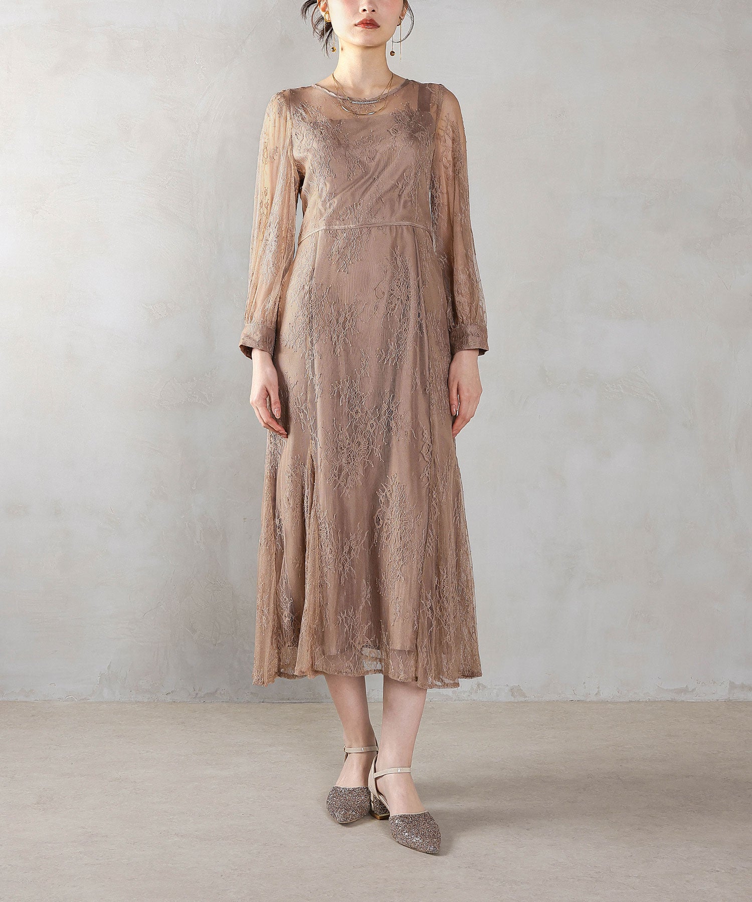 刺繍レース バックデザイン 総レース フレアワンピース ドレス パーティー