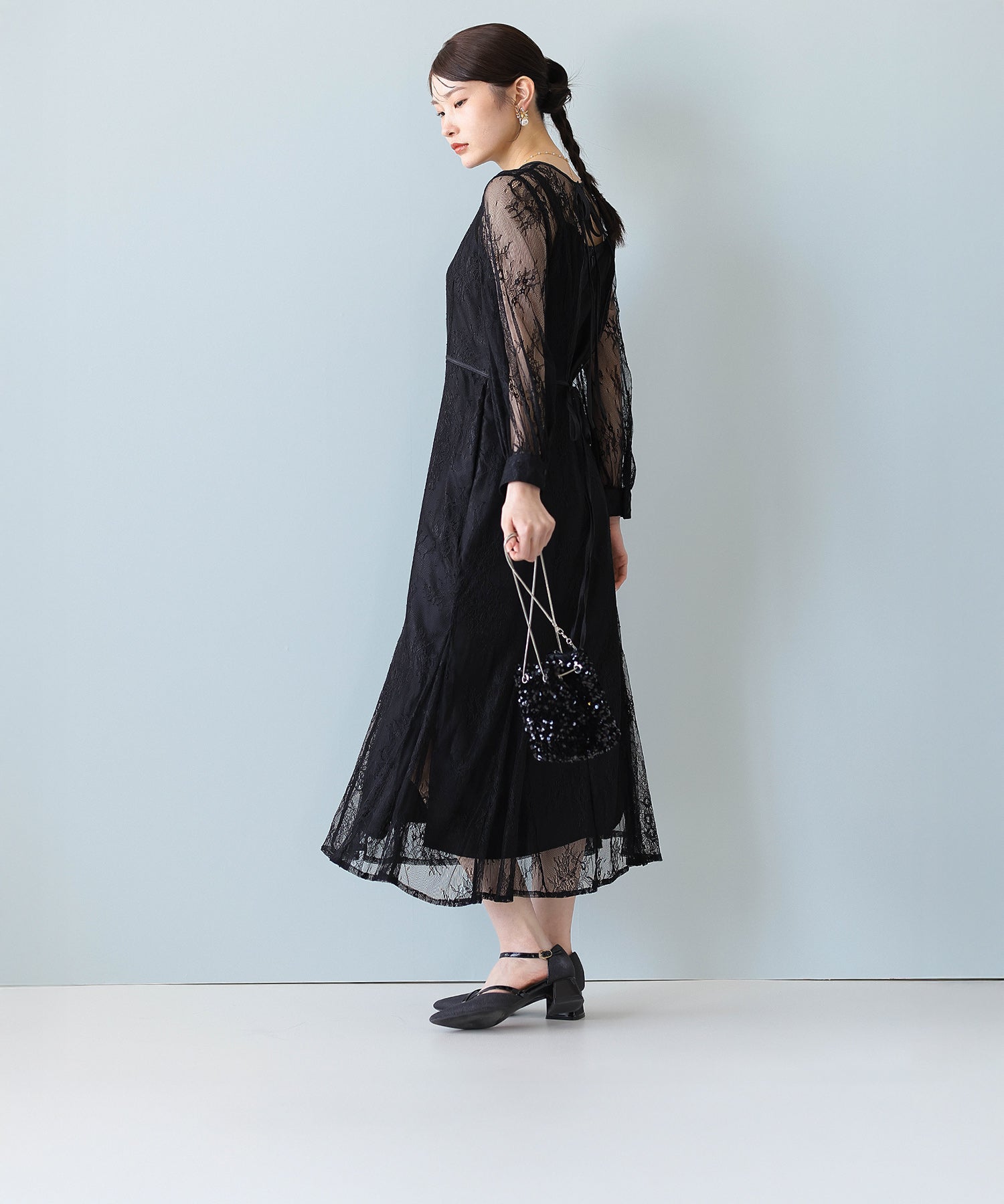 刺繍レース バックデザイン 総レース フレアワンピース ドレス パーティー