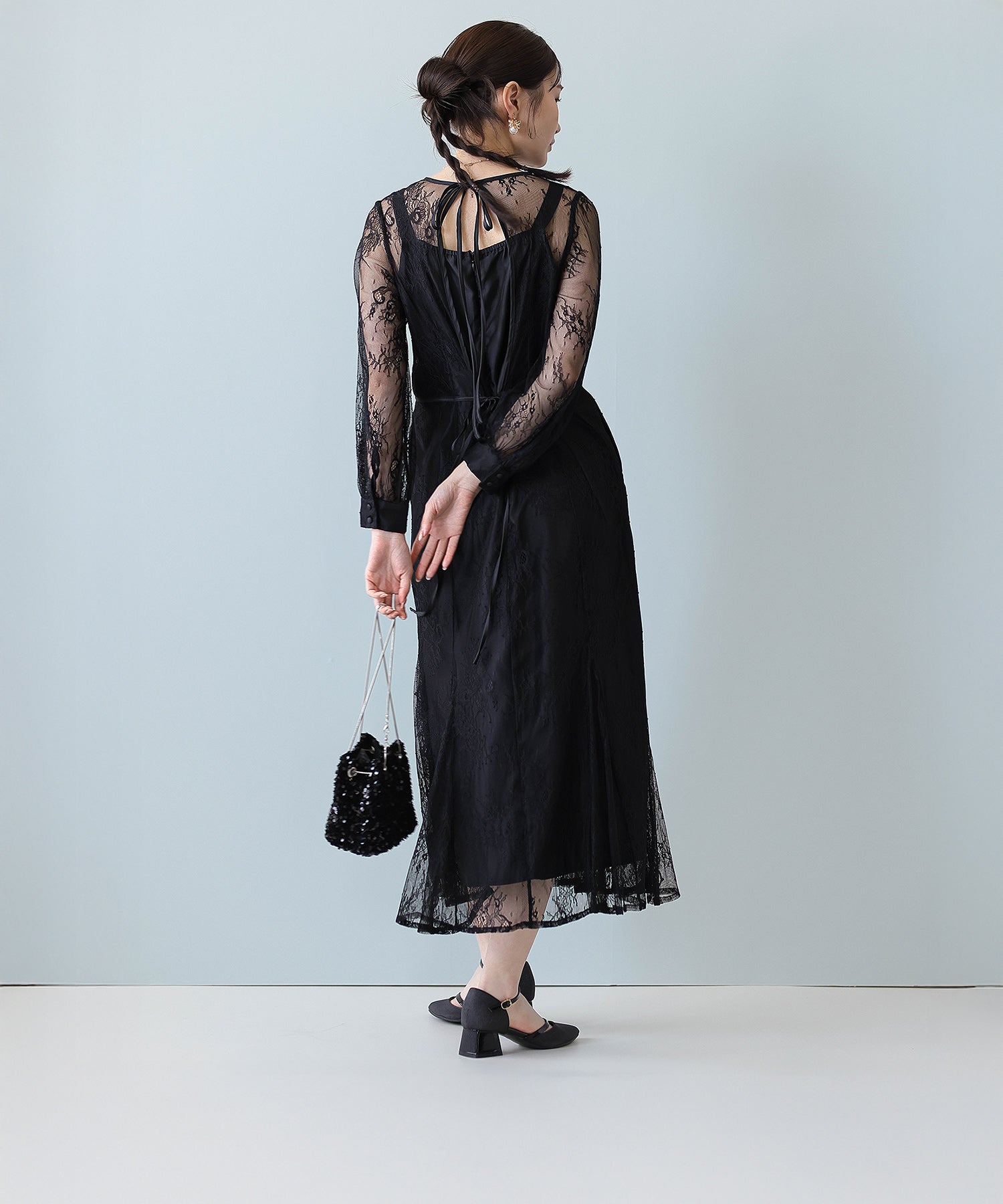 刺繍レース バックデザイン 総レース フレアワンピース ドレス パーティー