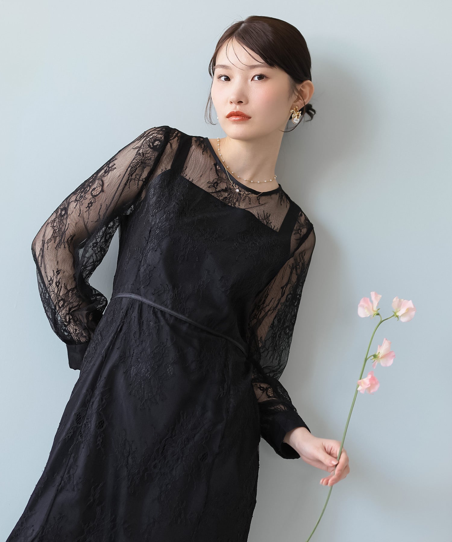 刺繍総レースバックリボンカフスボタンフレアドレス