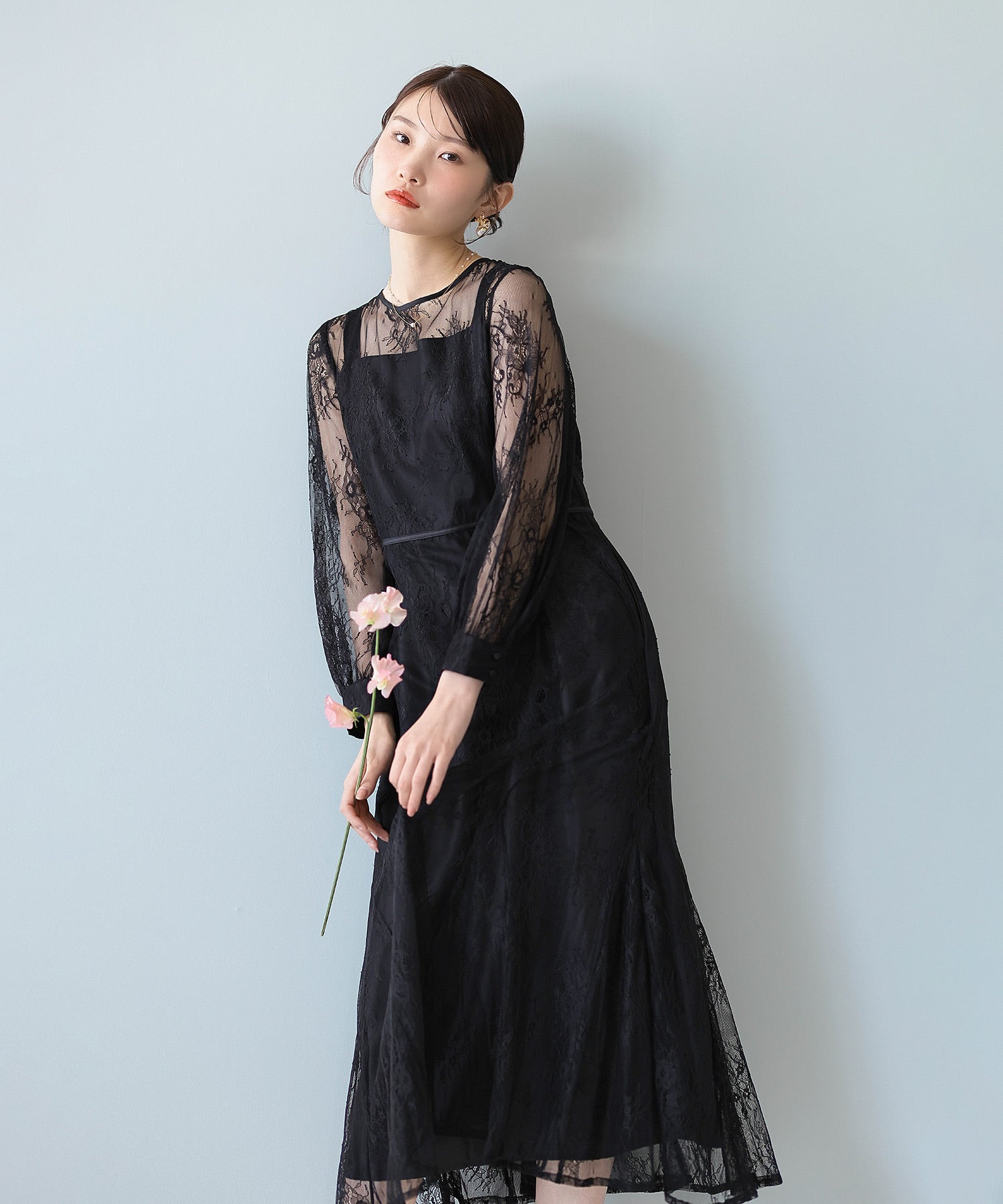 刺繍レース バックデザイン 総レース フレアワンピース ドレス パーティー