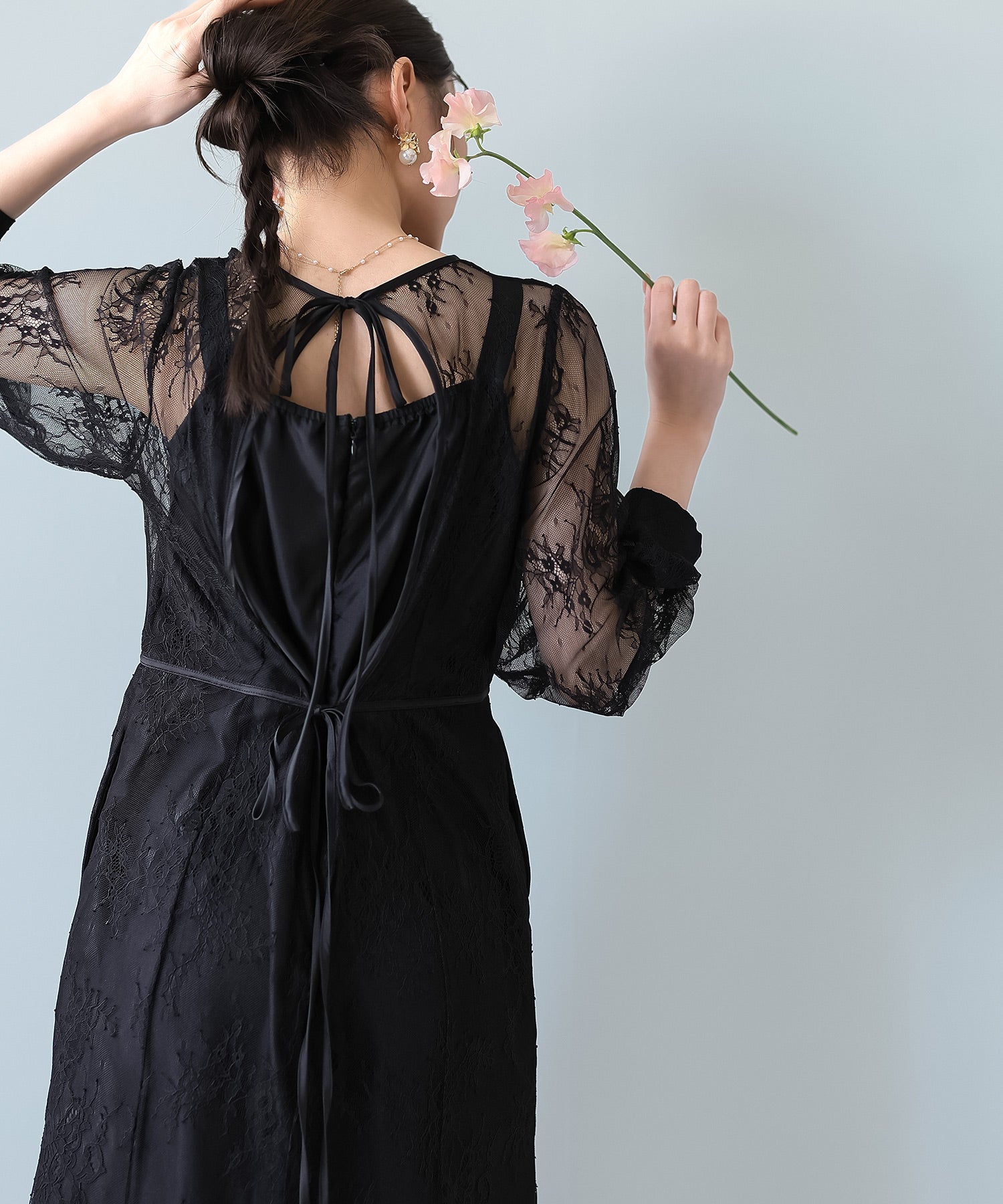 刺繍レース バックデザイン 総レース フレアワンピース ドレス パーティー