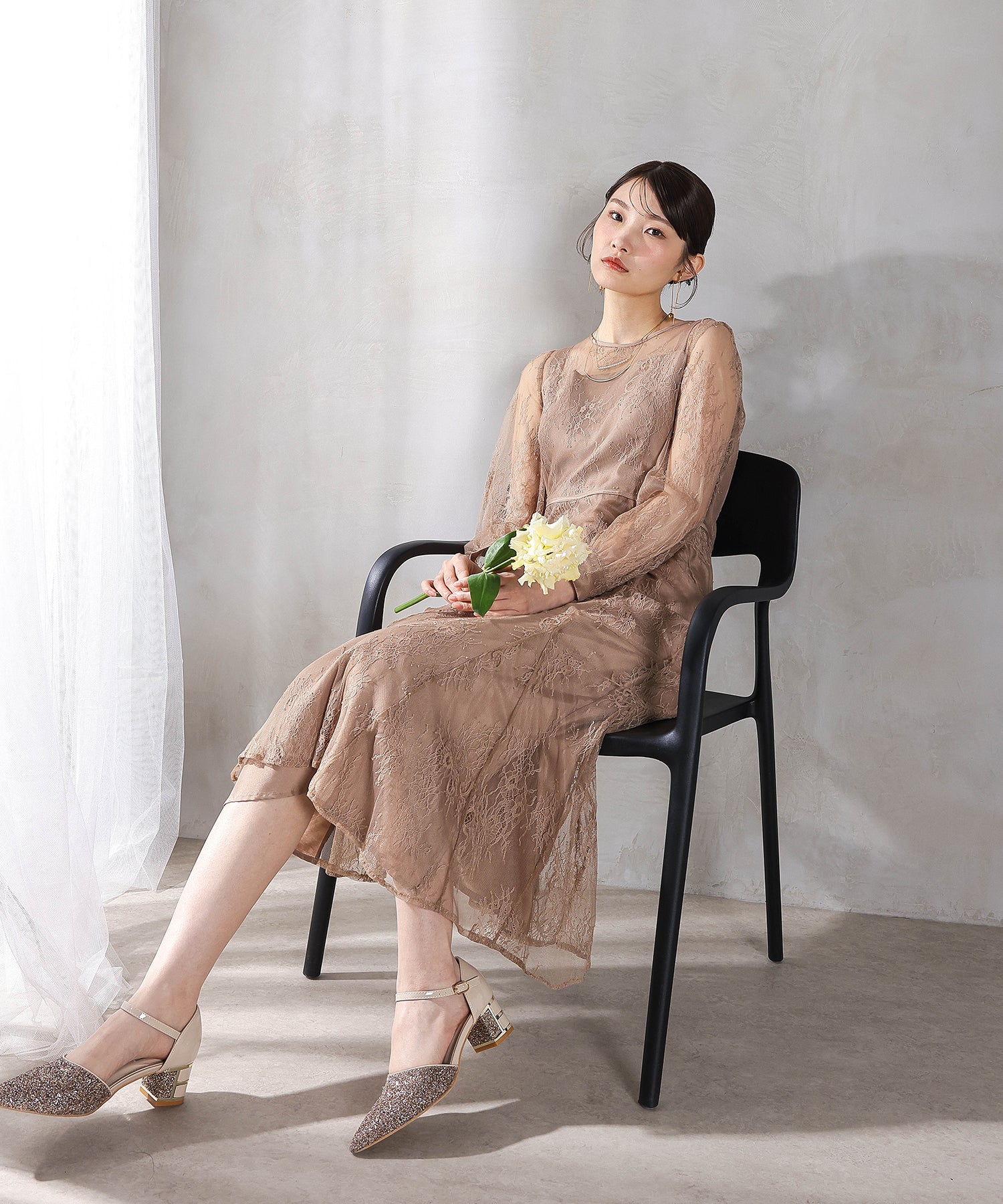 刺繍レース バックデザイン 総レース フレアワンピース ドレス パーティー