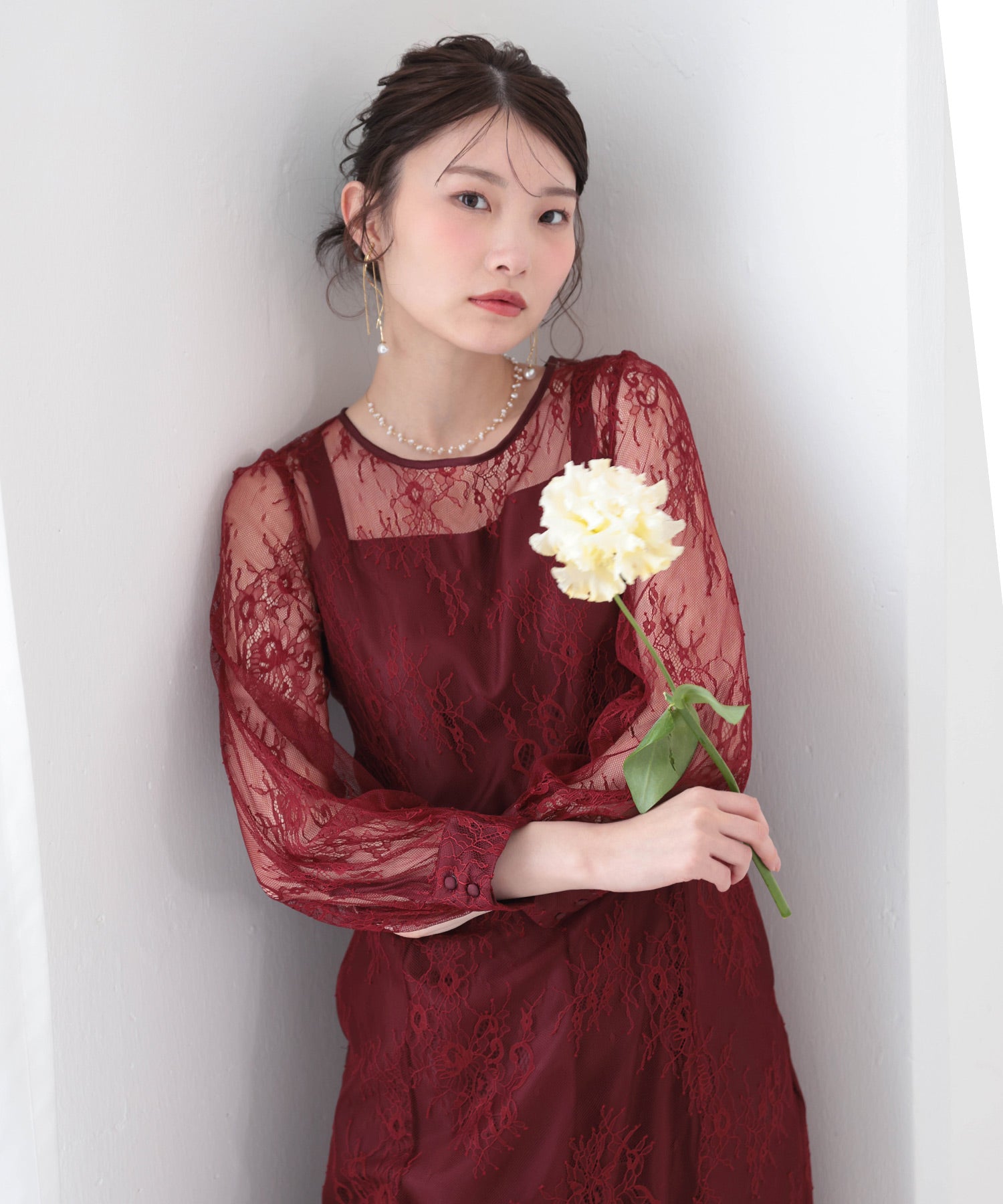 刺繍総レースバックリボンカフスボタンフレアドレス