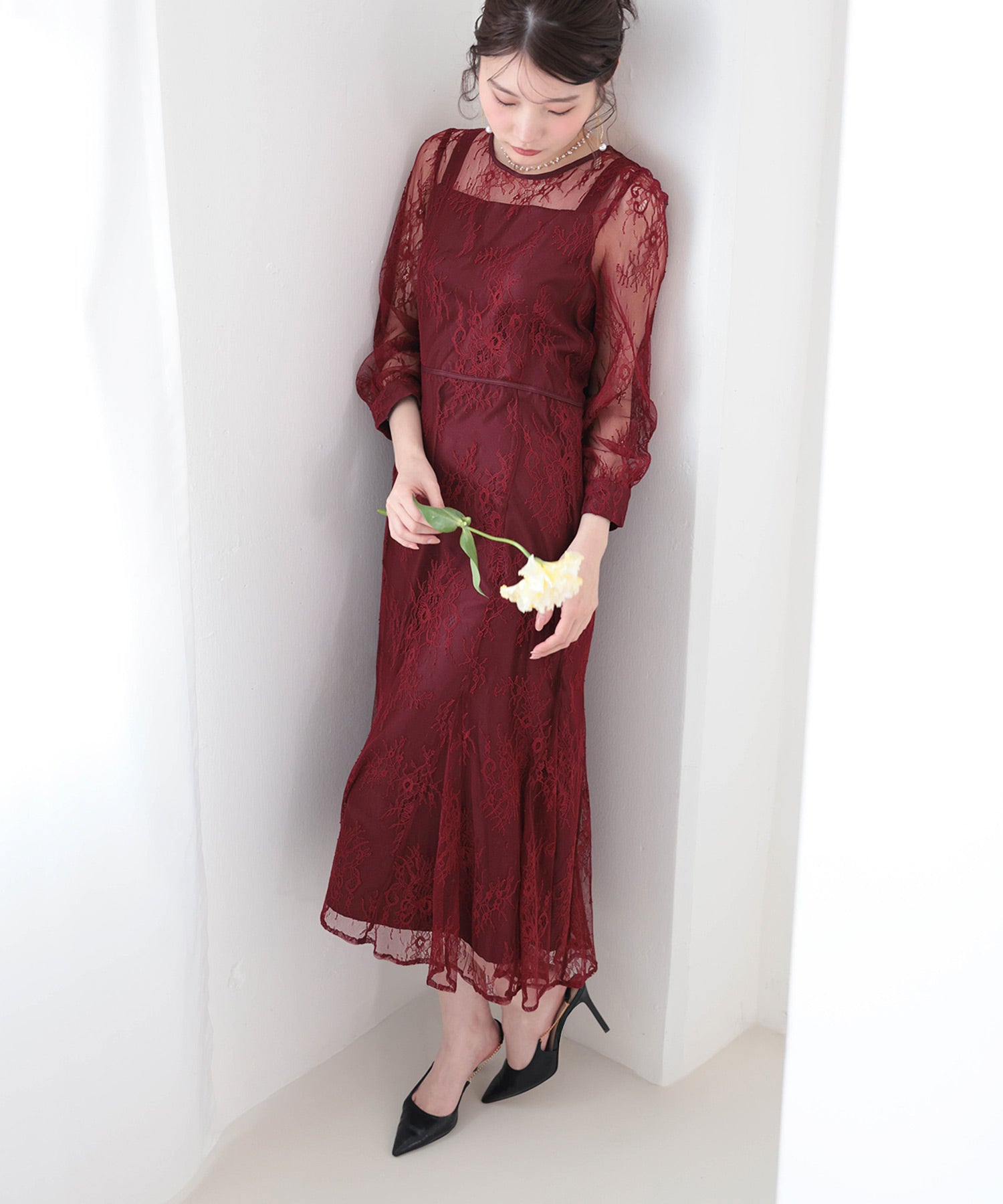 刺繍レース バックデザイン 総レース フレアワンピース ドレス パーティー