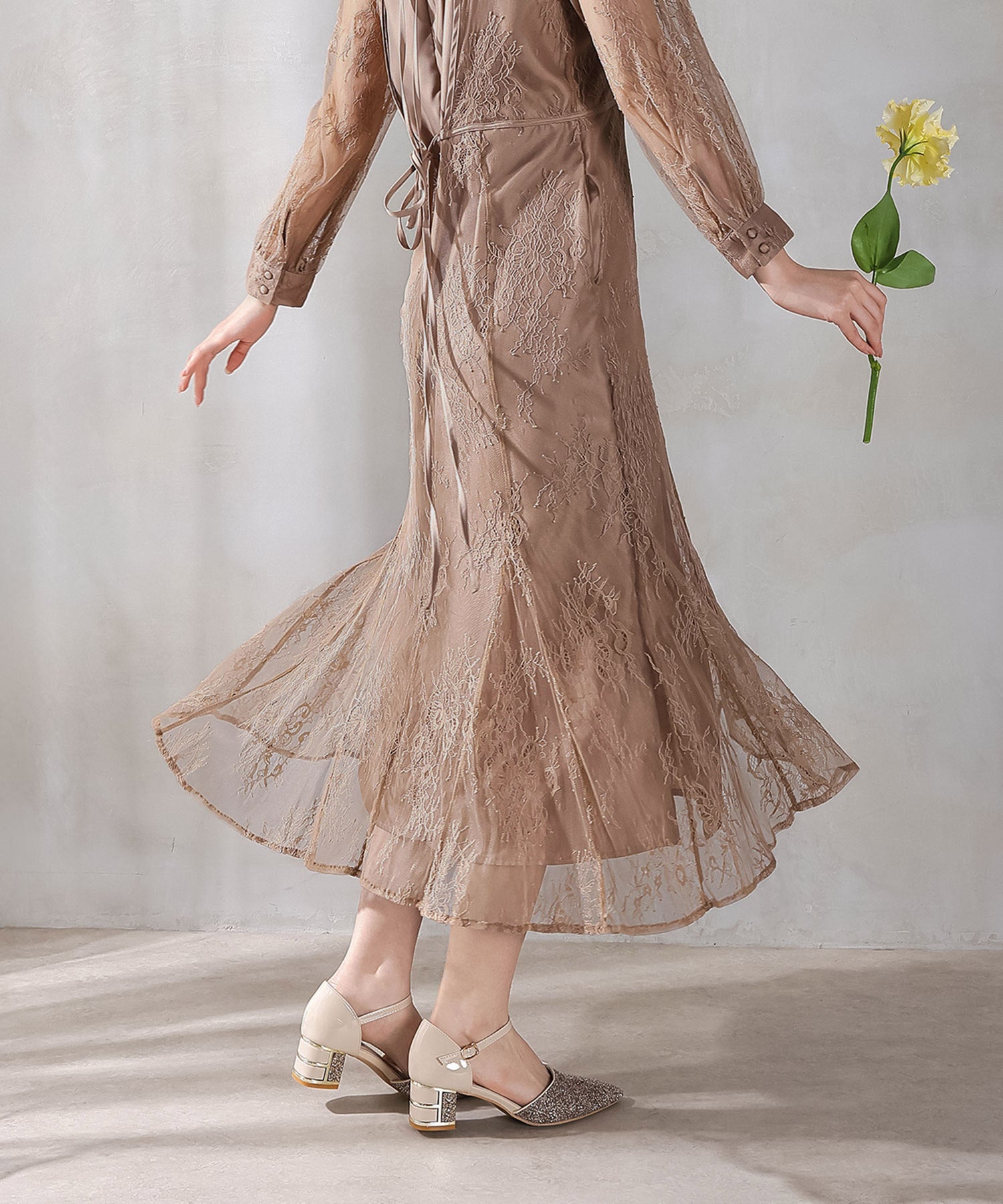 刺繍レース バックデザイン 総レース フレアワンピース ドレス パーティー