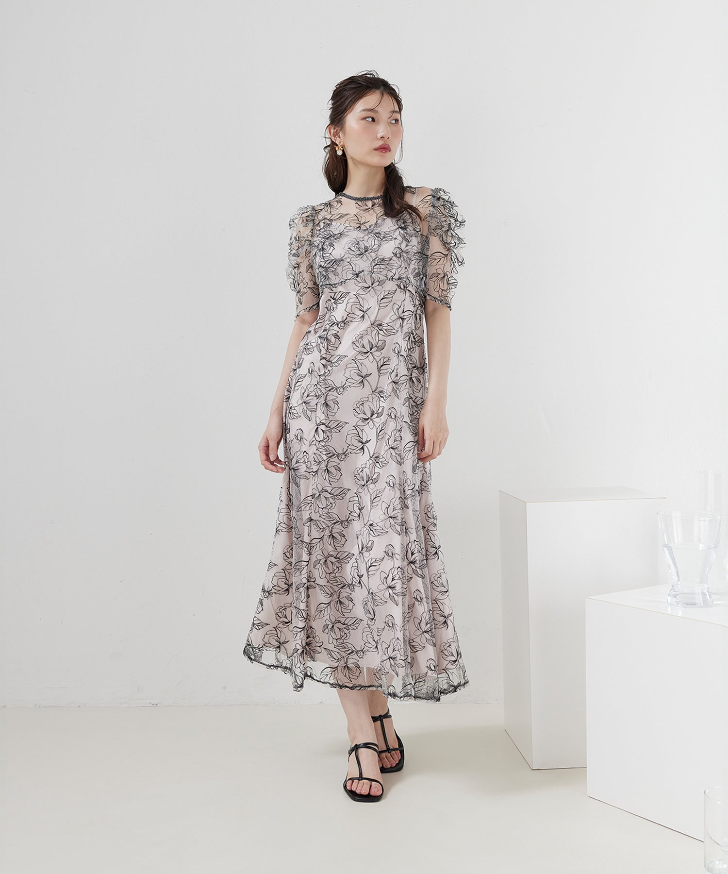 花柄シアーレースリボンドレス2点セット